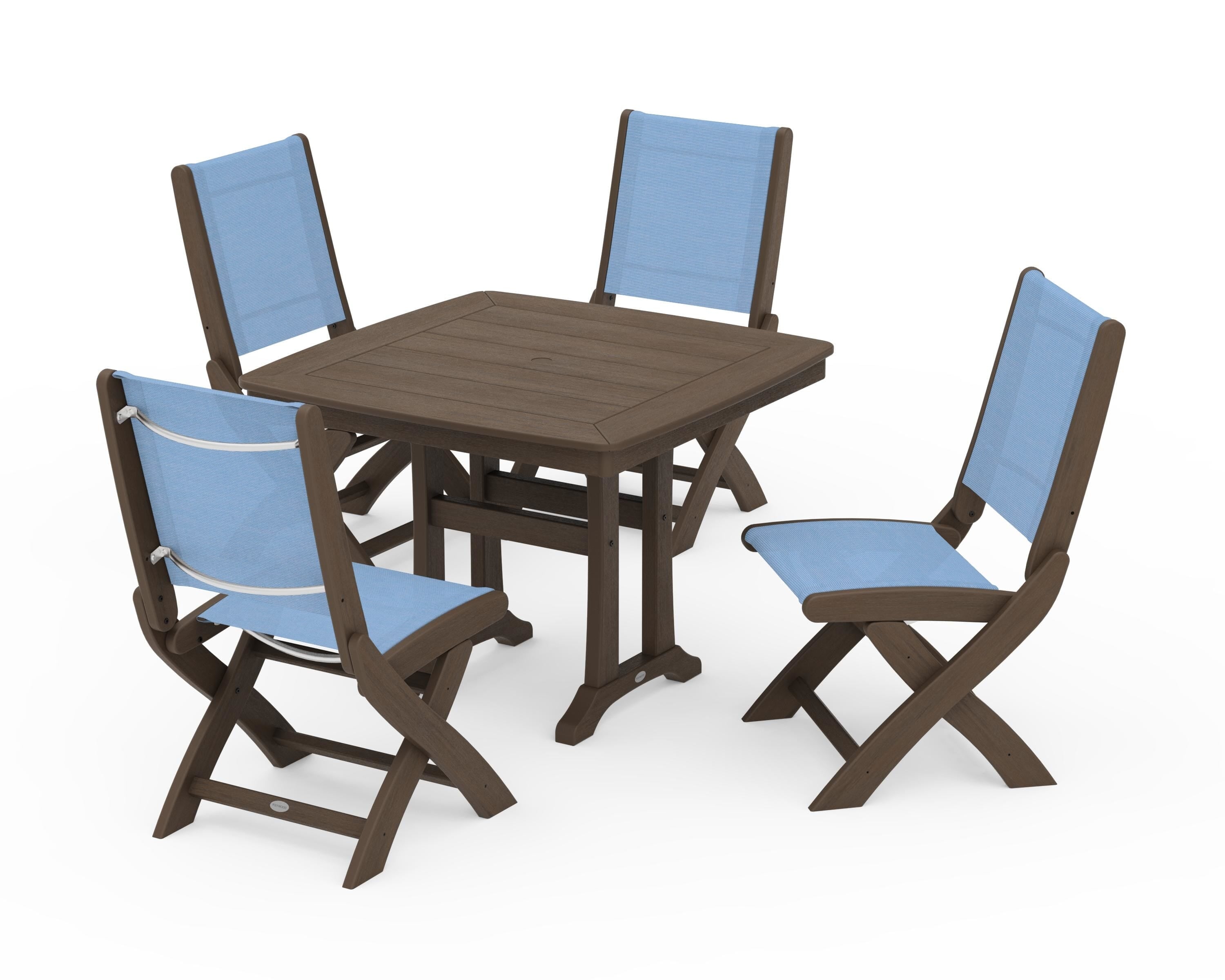 POLYWOOD Coastal Folding Side Chair 5-Piece Dining Set with Trestle Legs in Kona / Poolside Sling