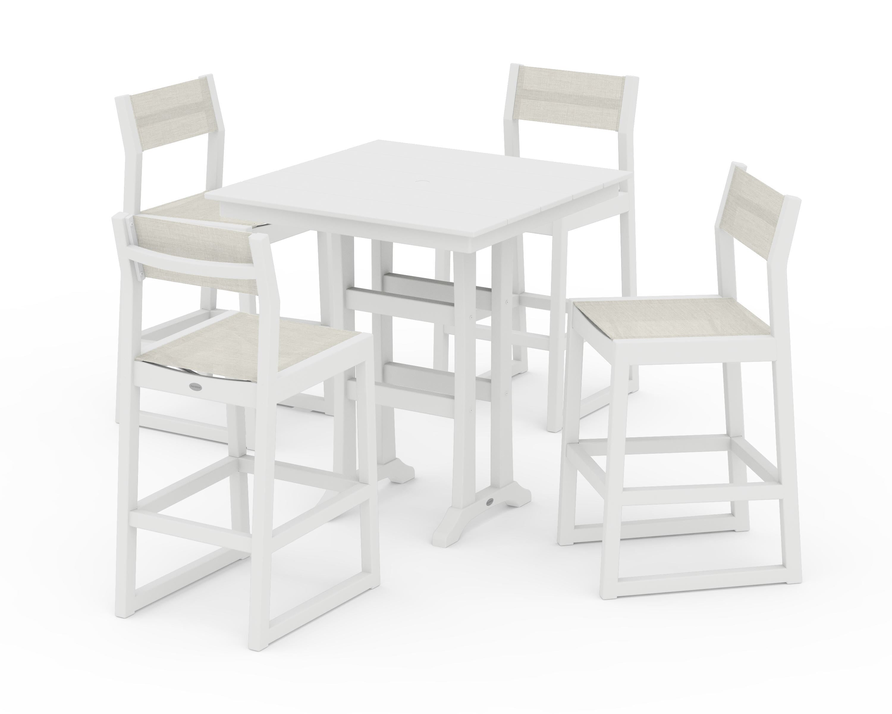 POLYWOOD EDGE Sling Arm Chair 5-Piece Farmhouse Bar Set with Trestle Legs in White / Parchment Sling