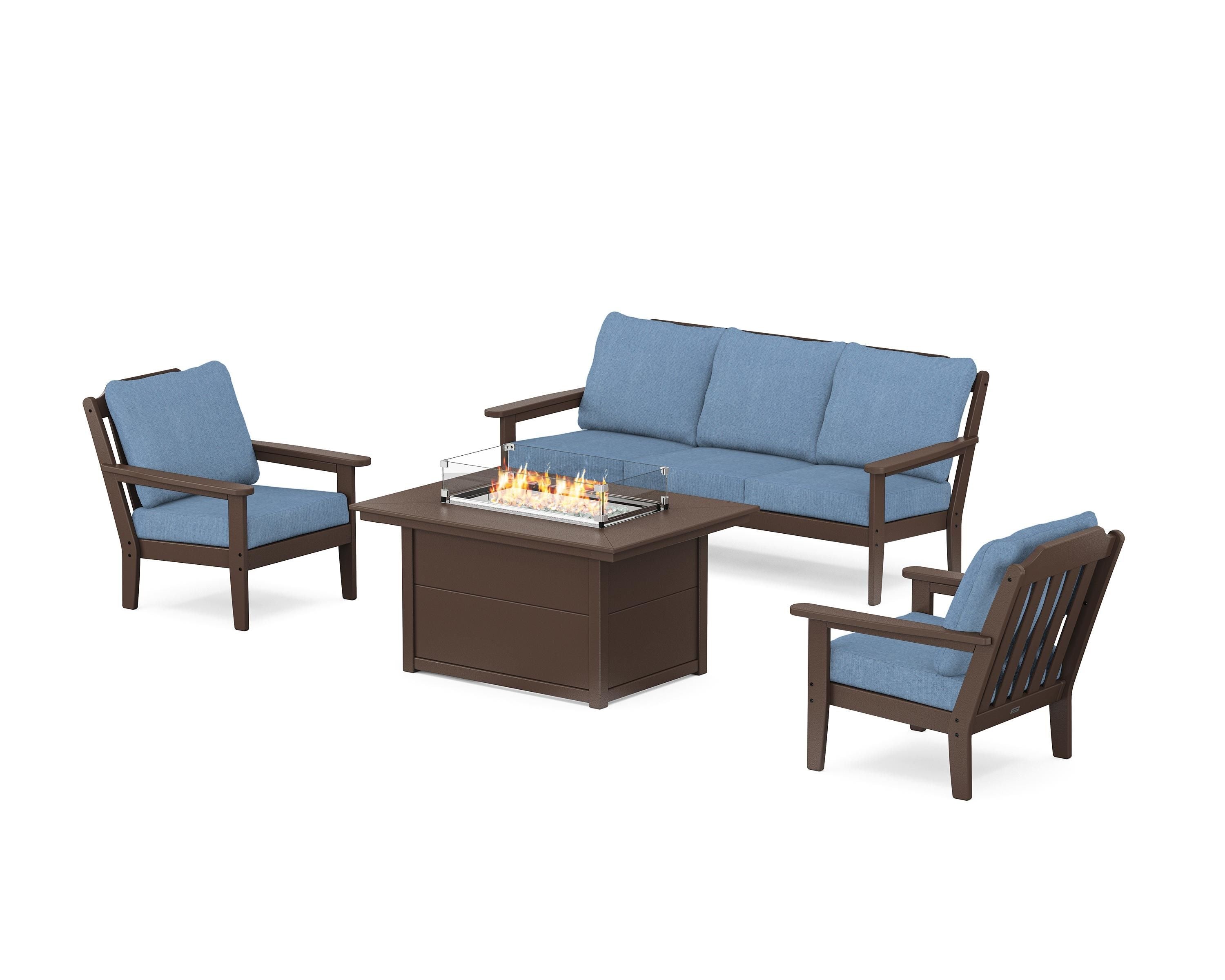 Country Living Cottage Deep Seating Fire Pit Table Set in Mahogany / Sky Blue