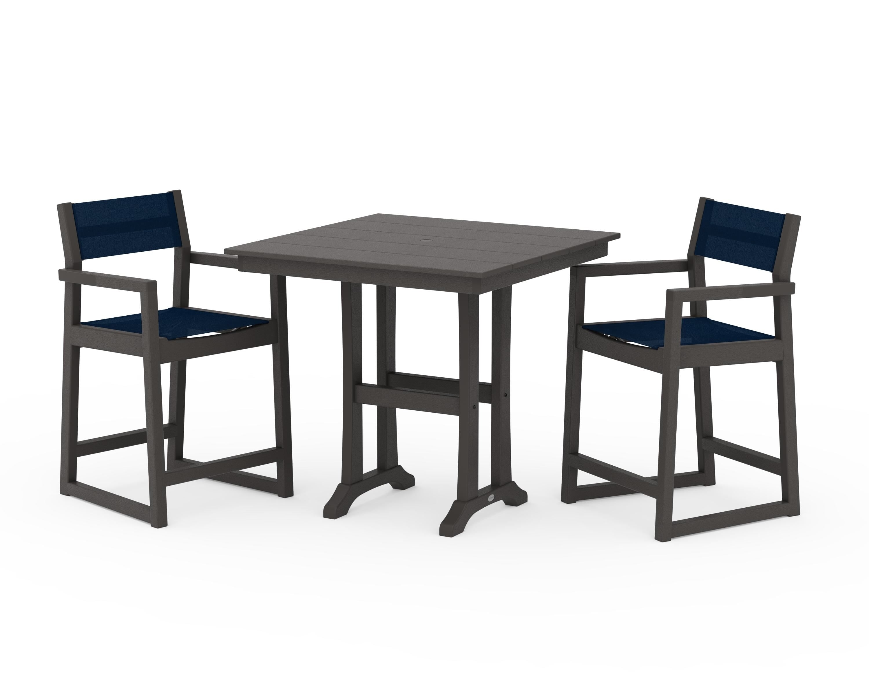 POLYWOOD EDGE Sling Arm Chair 3-Piece Farmhouse Counter Set with Trestle Legs in Vintage Coffee / Navy Blue Sling