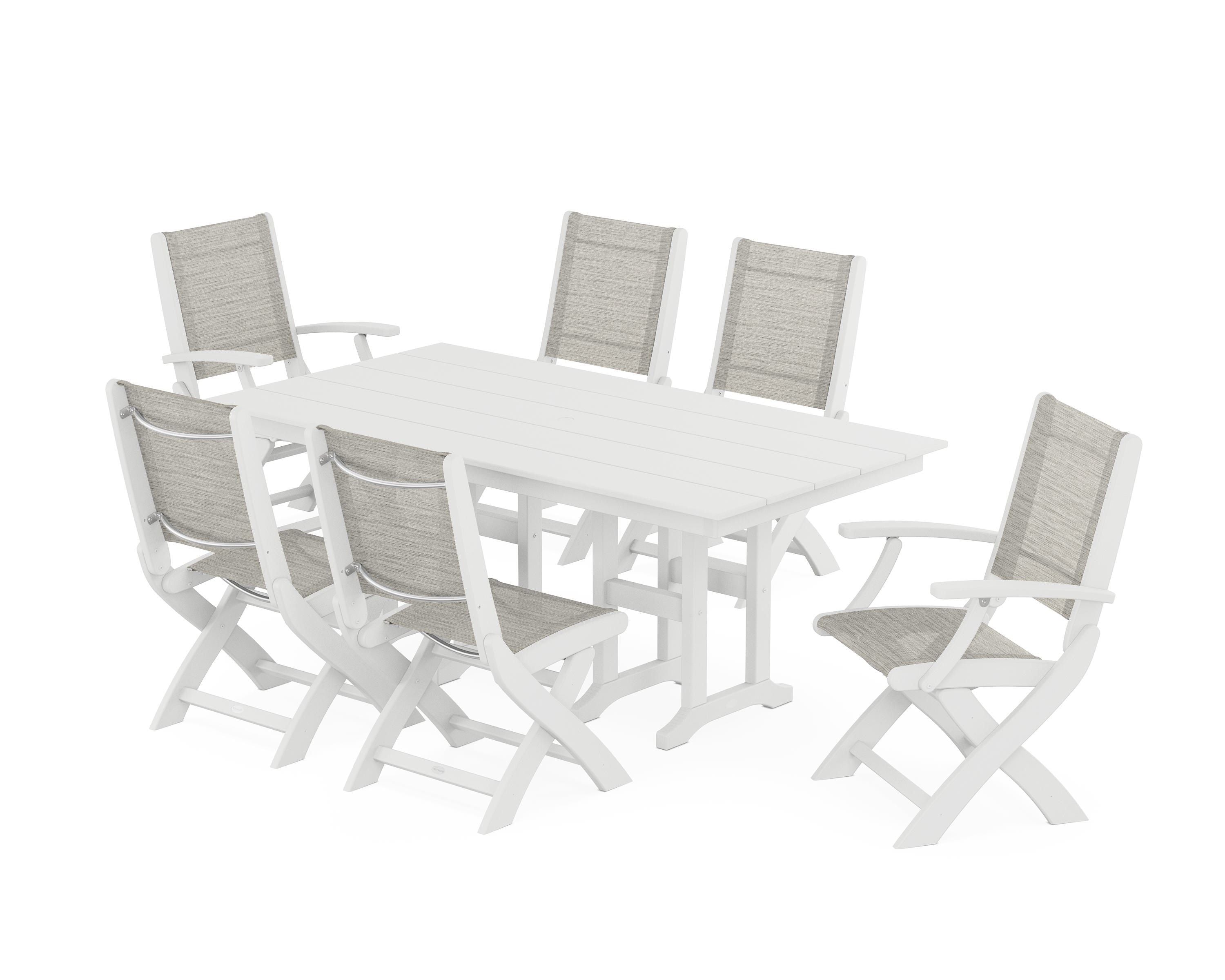 POLYWOOD Coastal Folding Chair 7-Piece Farmhouse Dining Set in White / Birch Sling
