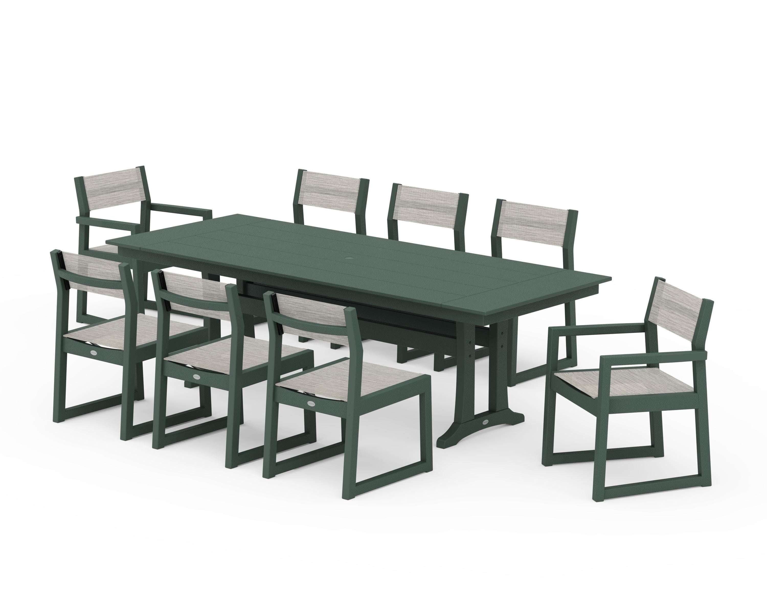 POLYWOOD EDGE Sling 9-Piece Farmhouse Trestle Dining Set in Green / Birch Sling