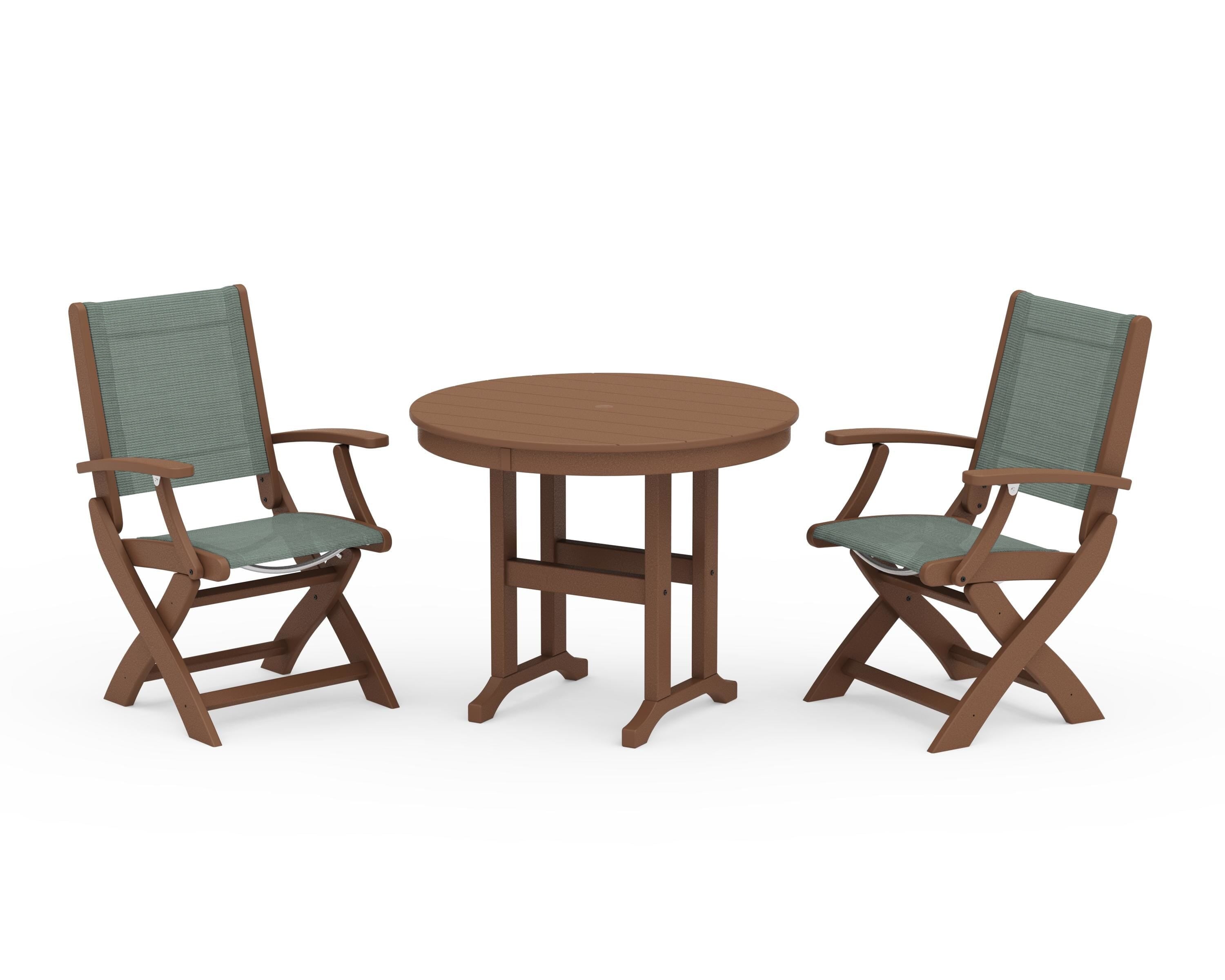 POLYWOOD Coastal Folding Chair 3-Piece Round Dining Set in Teak / Dupioni Sea Mist Sling