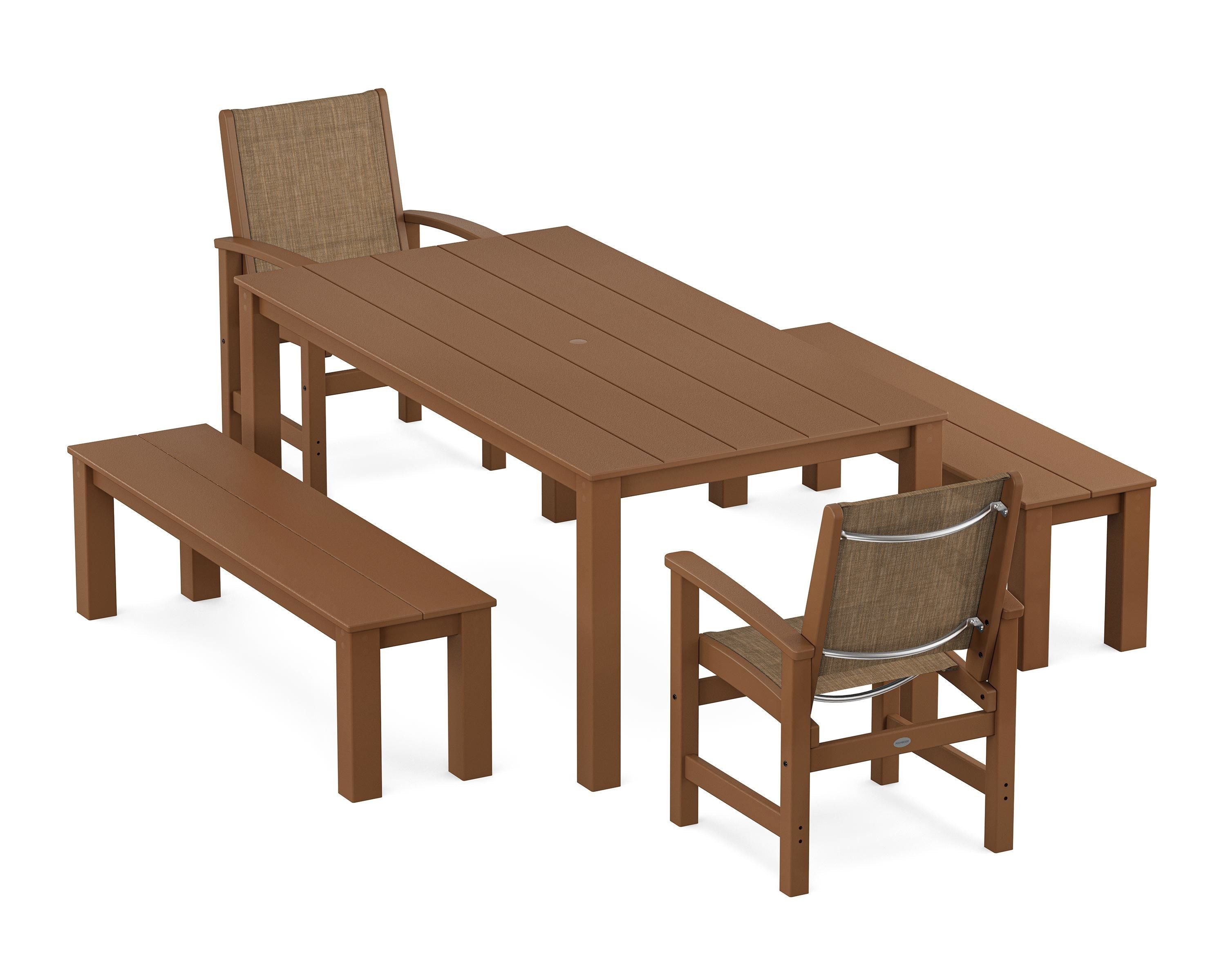 POLYWOOD Coastal 5-Piece Parsons Dining Set with Benches in Teak / Burlap Sling