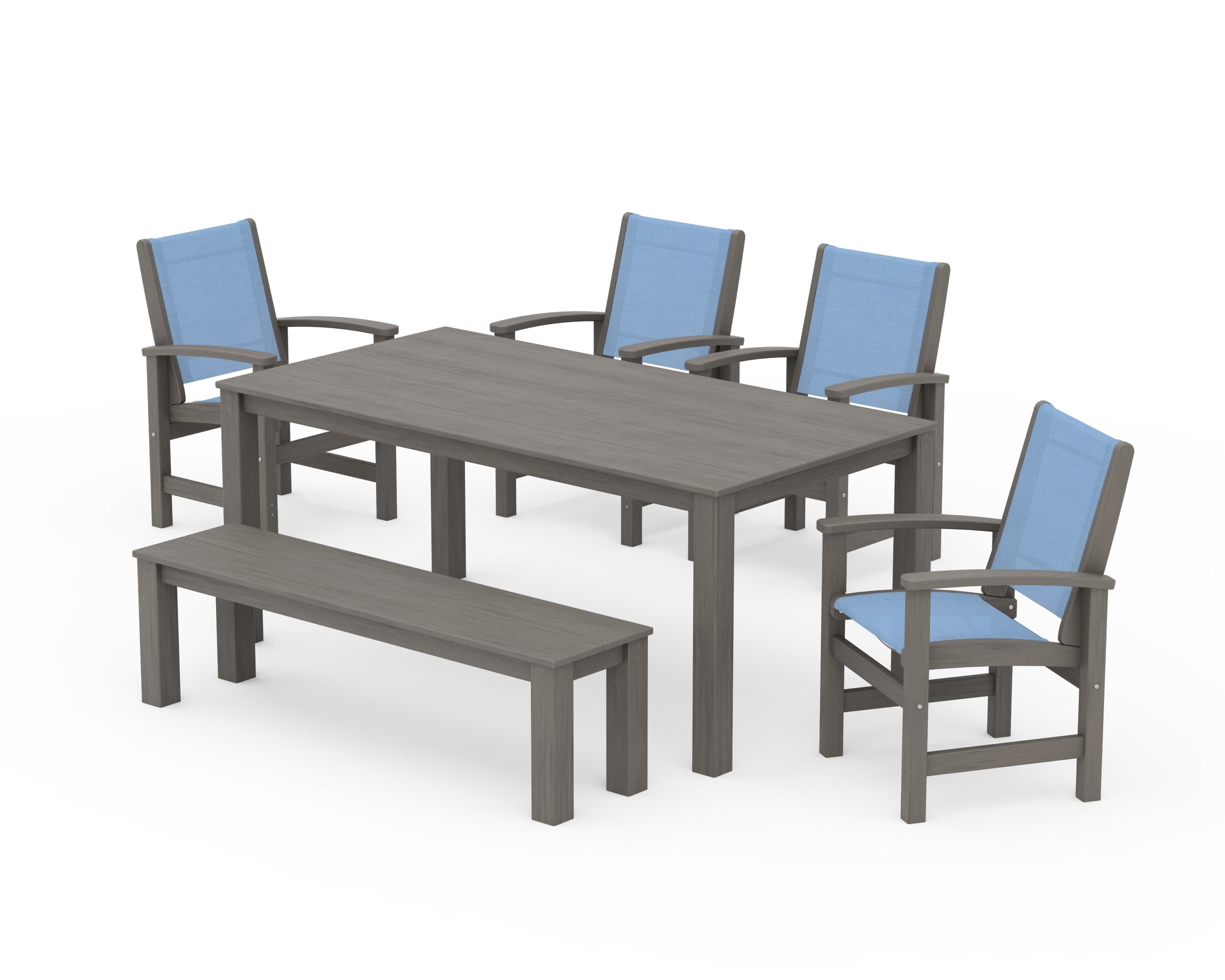 POLYWOOD Coastal 6-Piece Parsons Dining Set with Bench in Driftwood / Poolside Sling