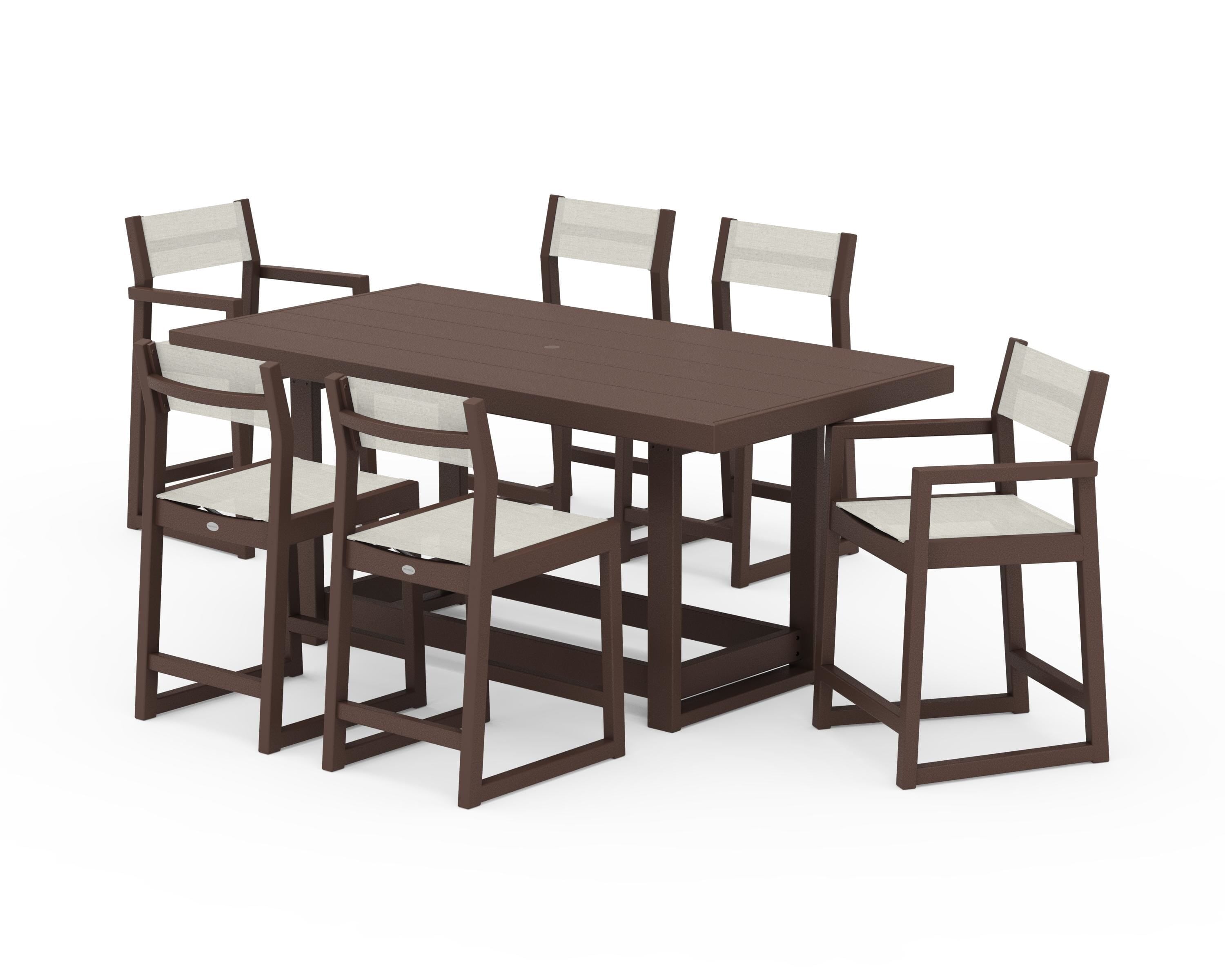 POLYWOOD EDGE Sling 7-Piece Counter Table Set in Mahogany / Parchment Sling