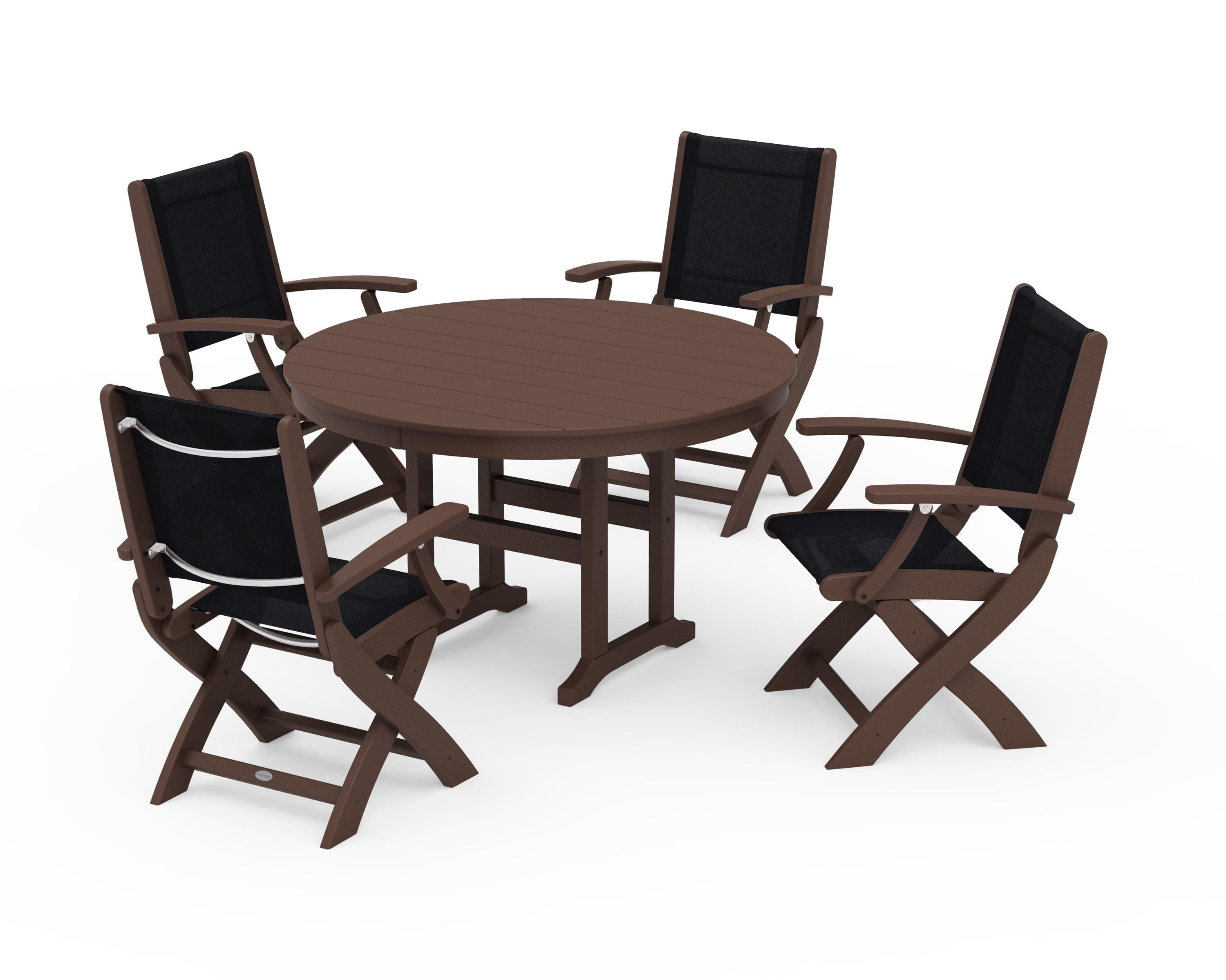 POLYWOOD Coastal Folding Chair 5-Piece Round Dining Set in Mahogany / Black Sling