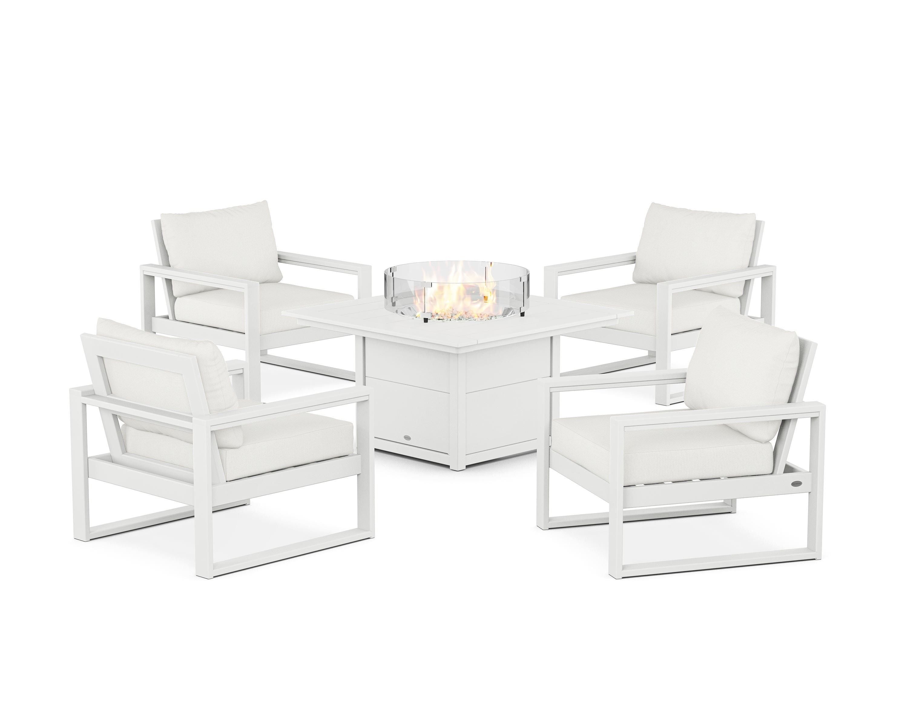 POLYWOOD EDGE Sectional 5-Piece Deep Seating Set with Fire Pit Table in White / Natural Linen