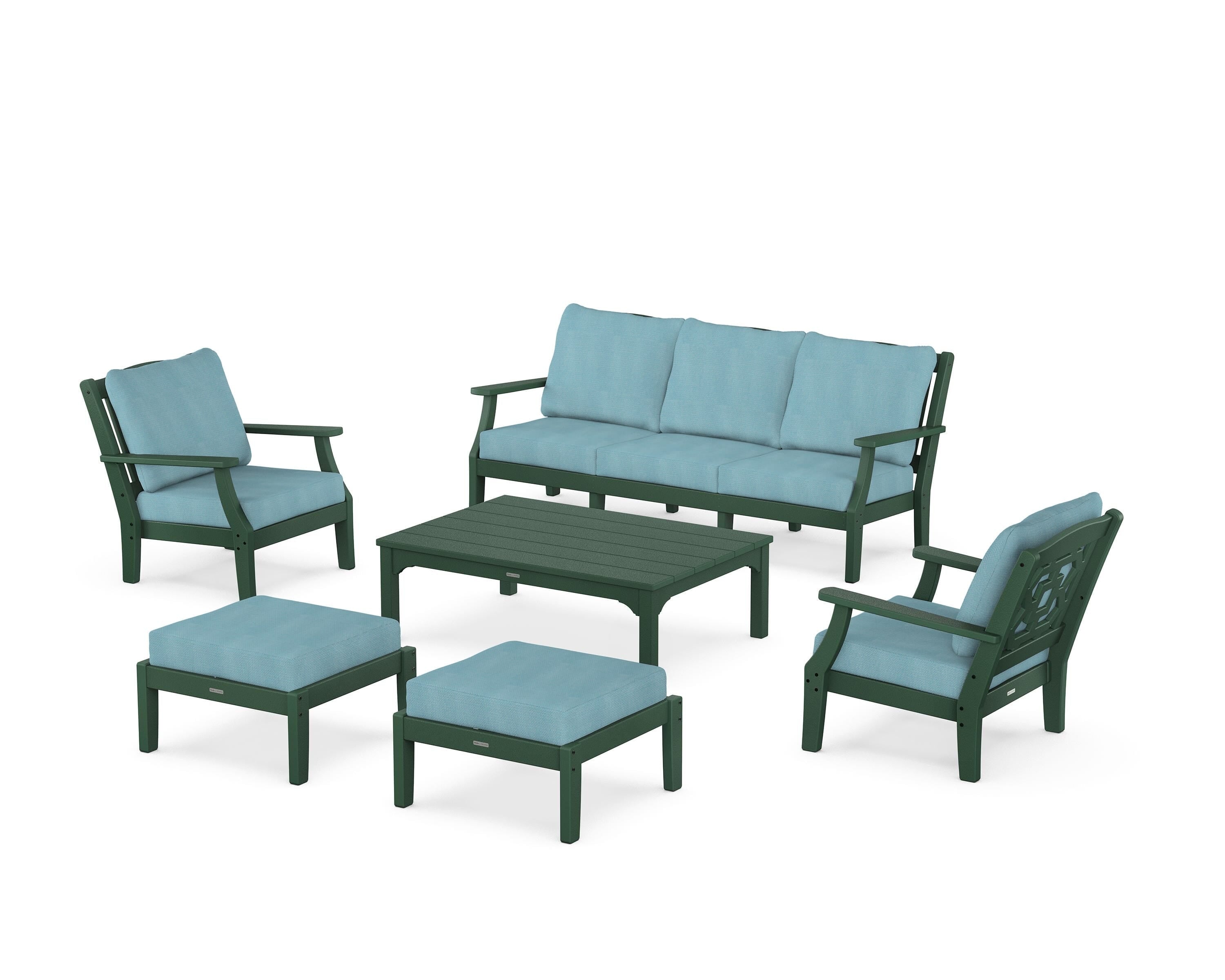 Martha Stewart by POLYWOOD Chinoiserie 6-Piece Lounge Sofa Set in Green / Lattice Sky Blue