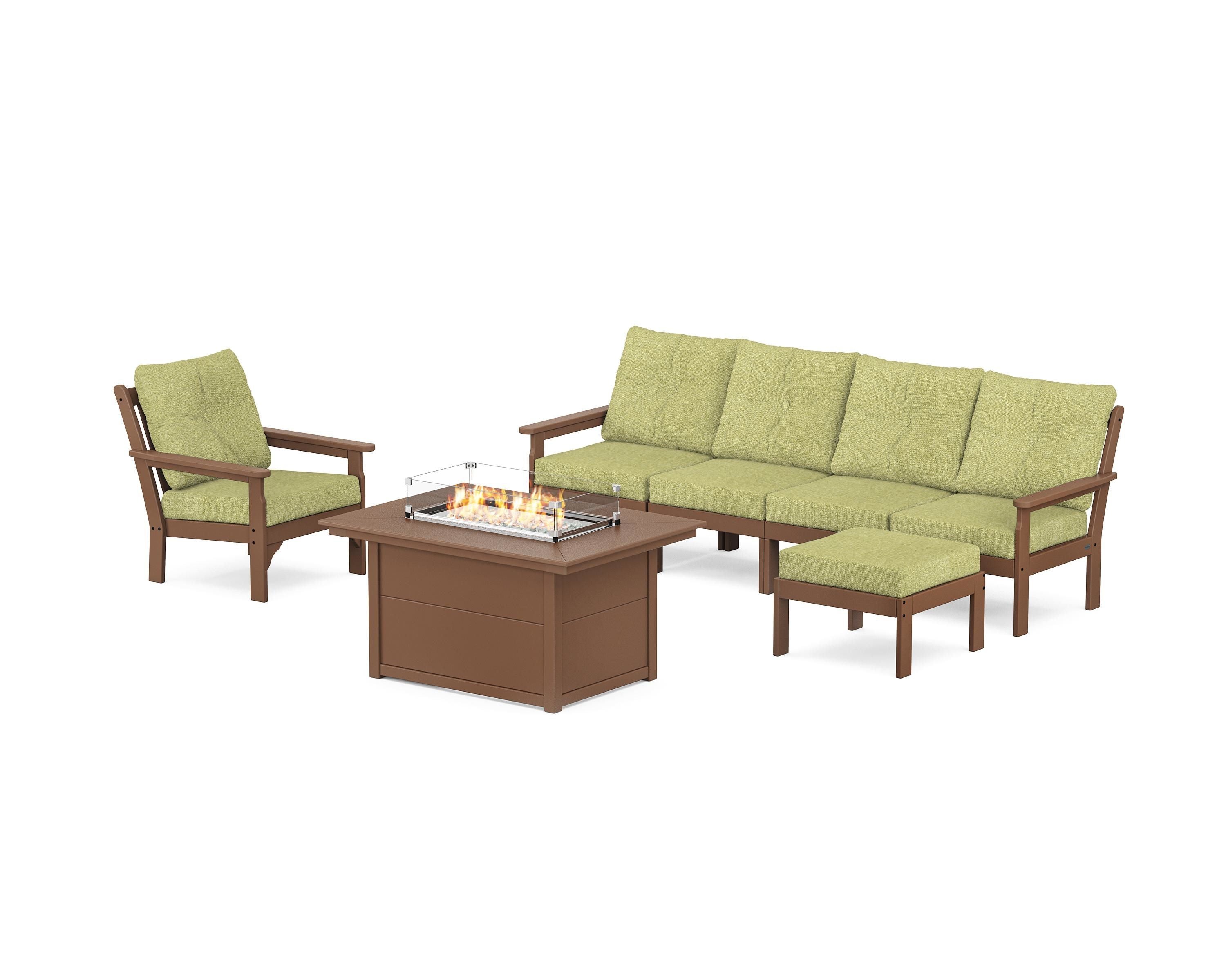 POLYWOOD Vineyard Sectional Lounge and Fire Pit Set in Teak / Chartreuse Boucle