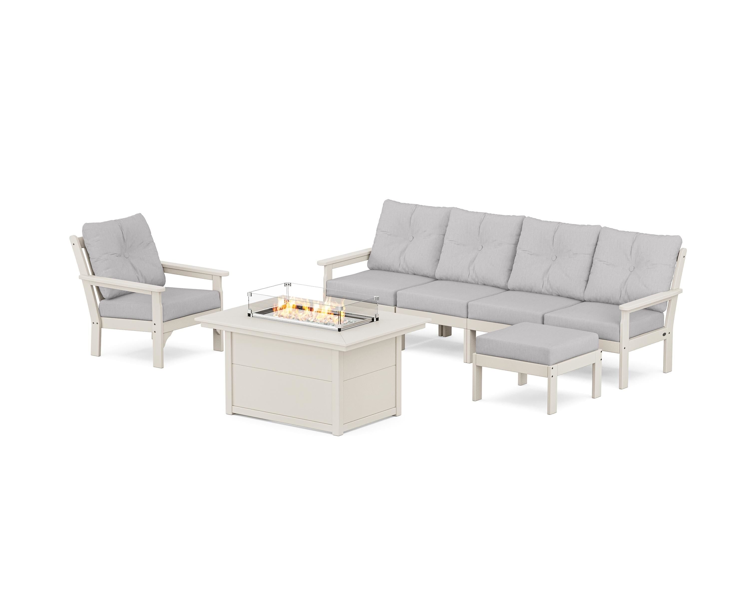 POLYWOOD Vineyard Sectional Lounge and Fire Pit Set in Sand / Granite