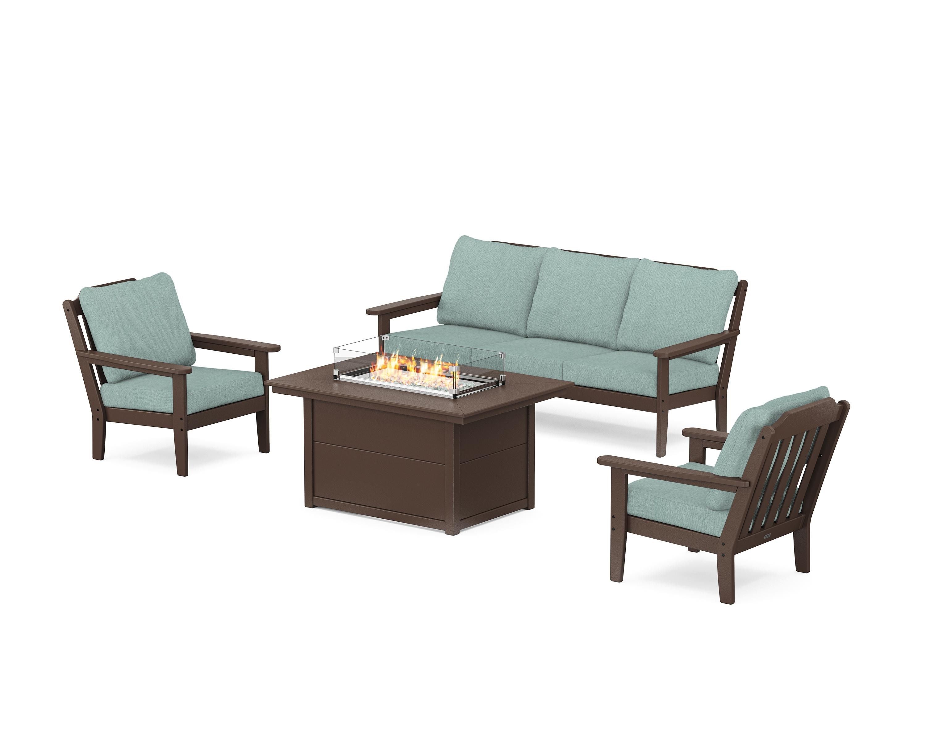 Country Living Cottage Deep Seating Fire Pit Table Set in Mahogany / Glacier Spa