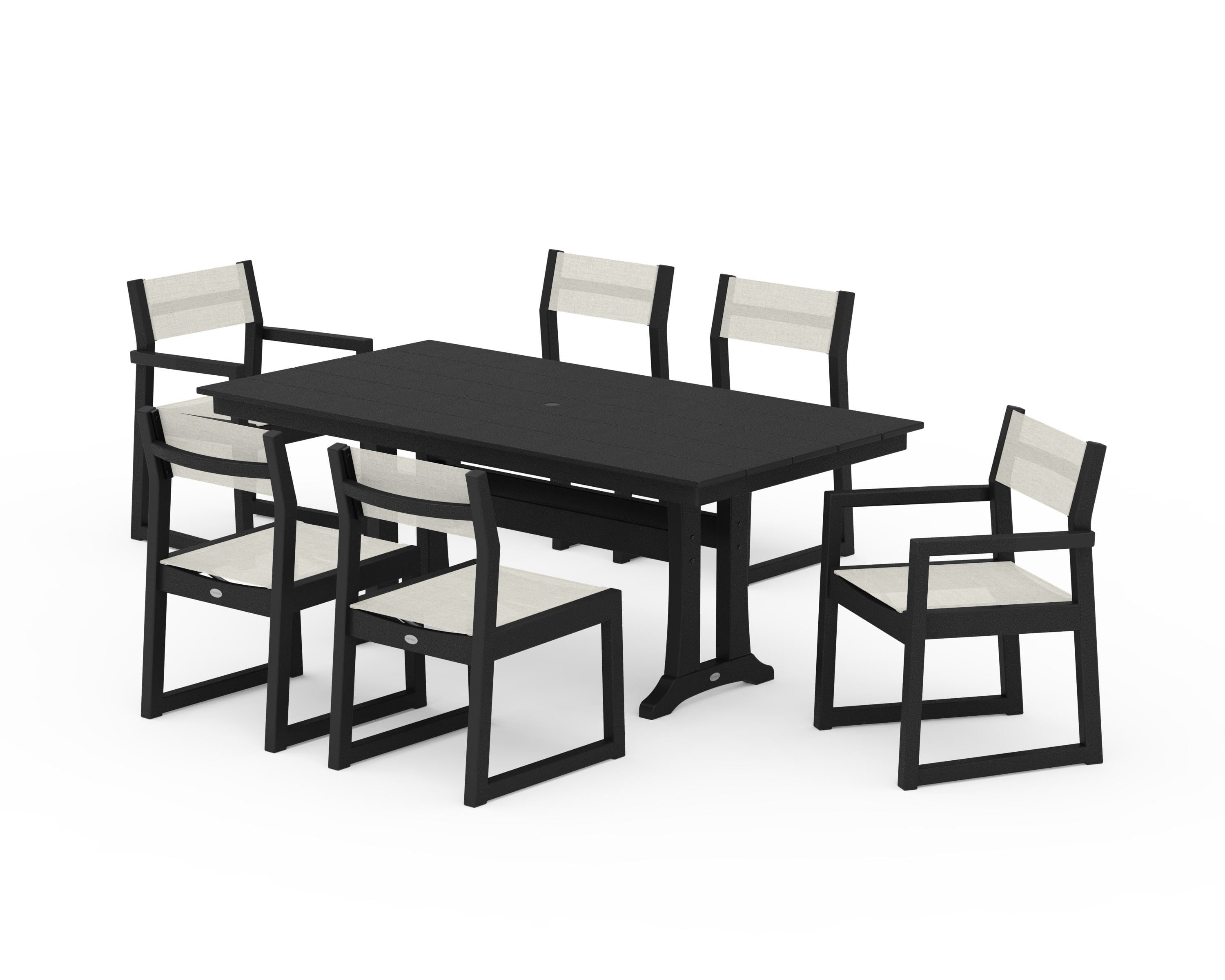 POLYWOOD EDGE Sling 7-Piece Farmhouse Trestle Dining Set in Black / Parchment Sling