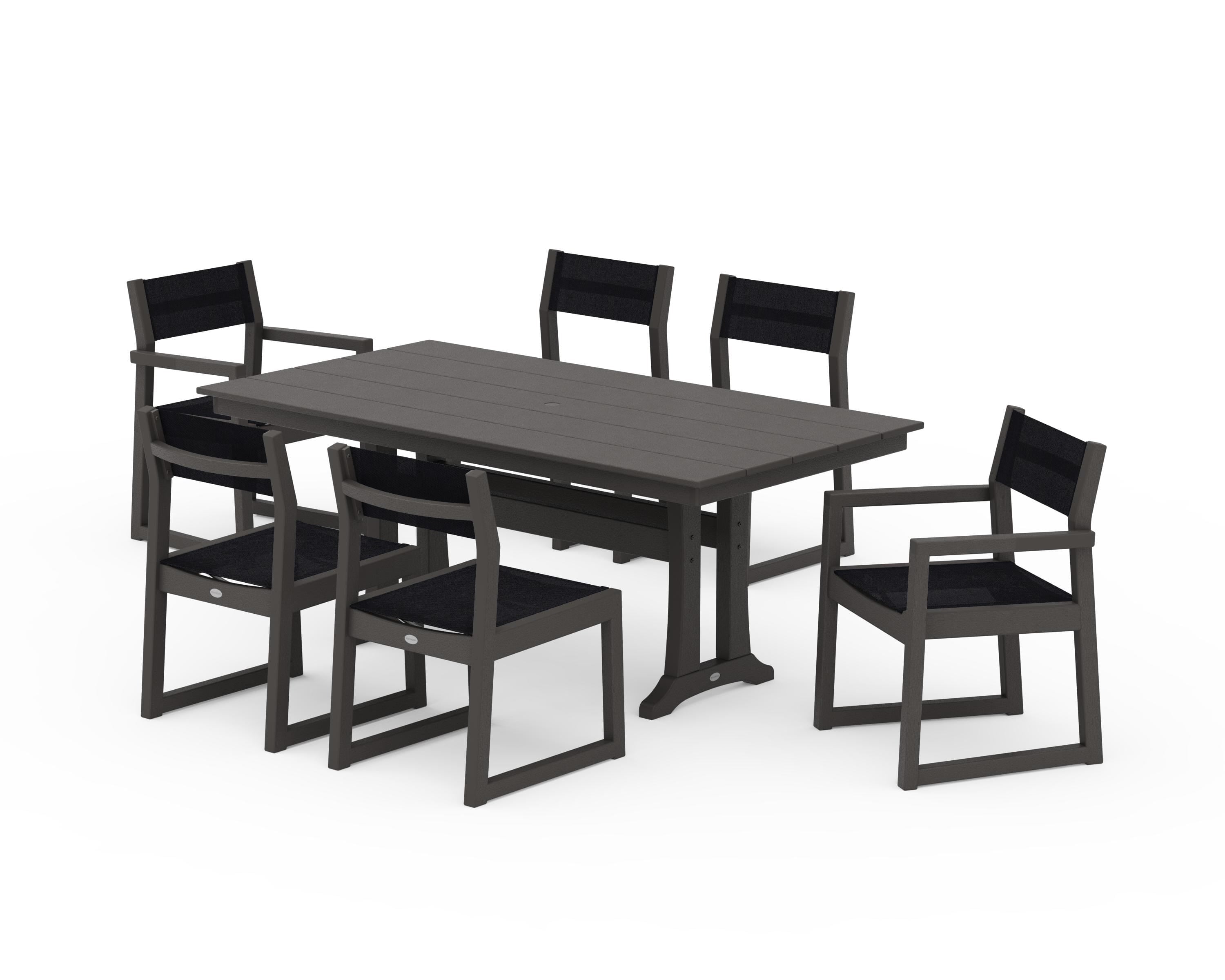 POLYWOOD EDGE Sling 7-Piece Farmhouse Trestle Dining Set in Vintage Coffee / Black Sling
