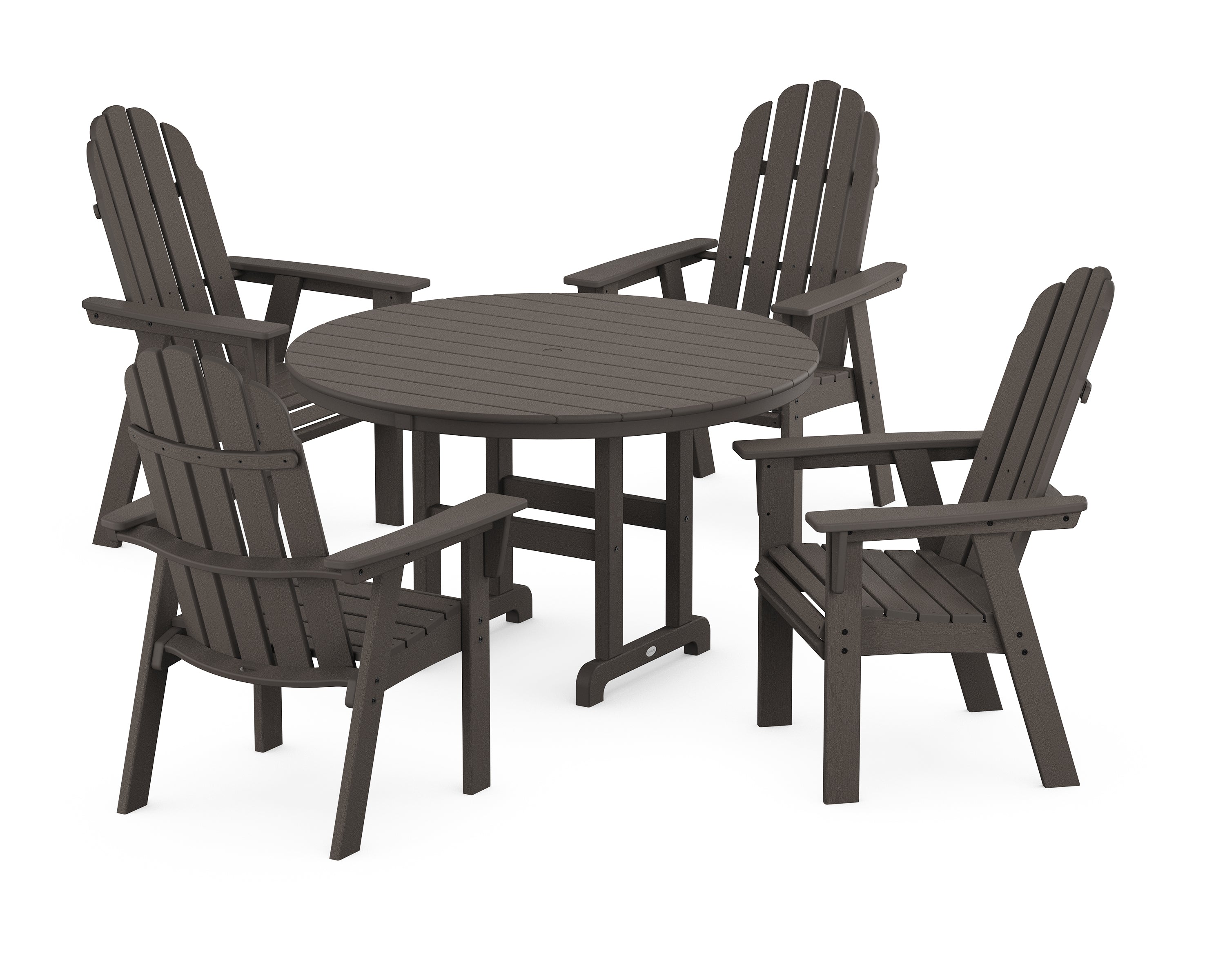 POLYWOOD® Vineyard Curveback Adirondack 5-Piece Round Farmhouse Dining Set in Vintage Coffee