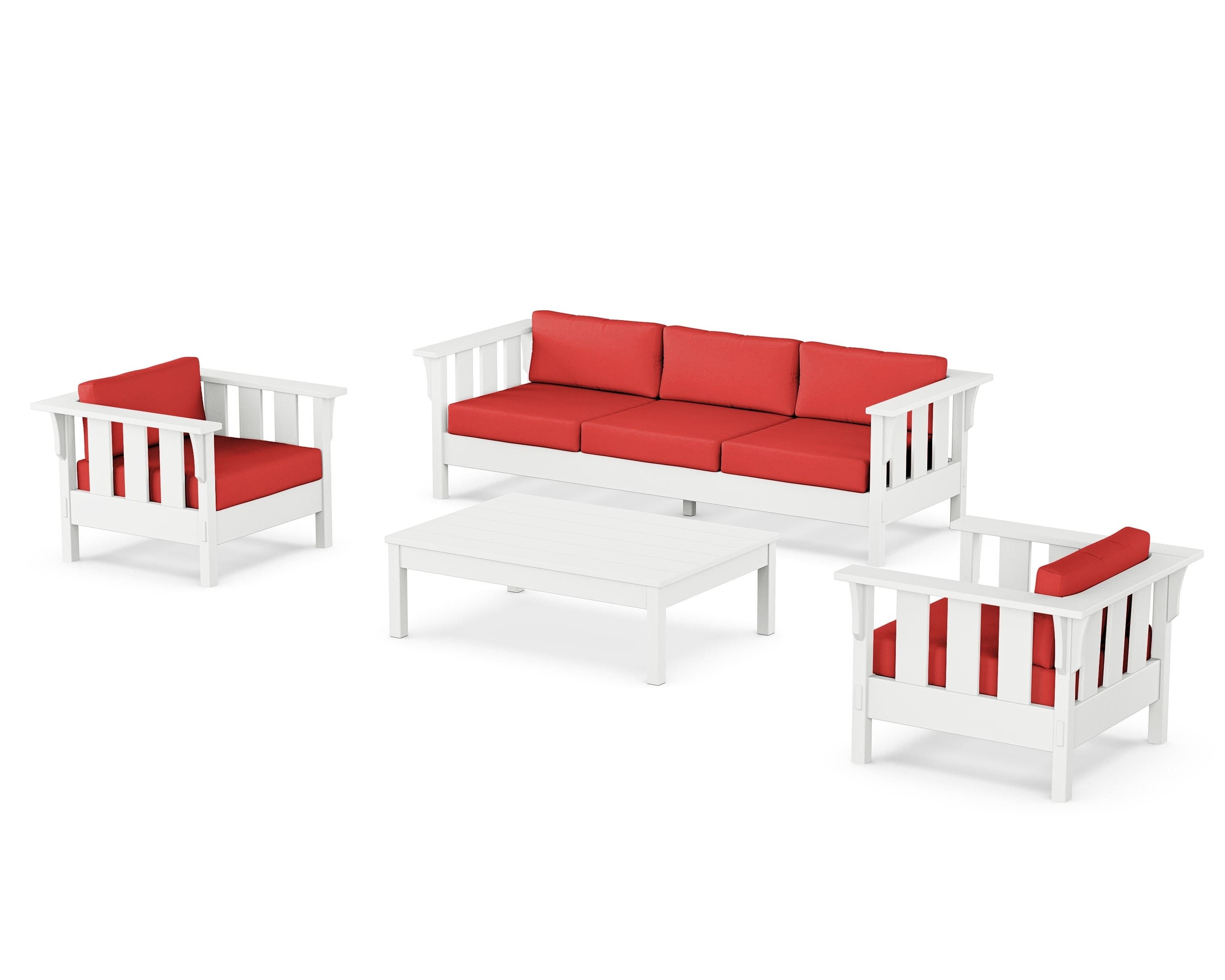 Martha Stewart by POLYWOOD Acadia 4-Piece Deep Seating Set with Sofa in White / Crimson Linen