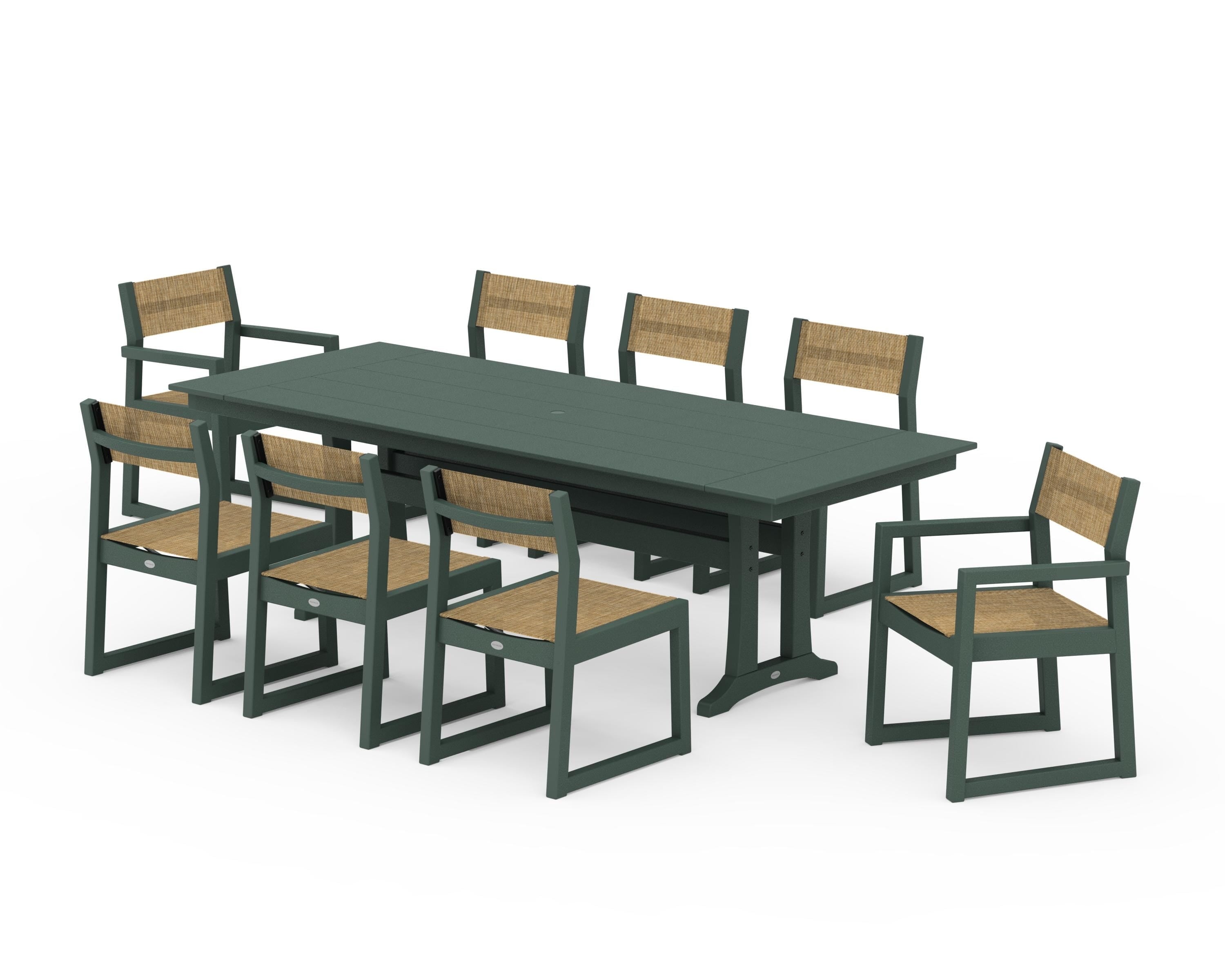 POLYWOOD EDGE Sling 9-Piece Farmhouse Trestle Dining Set in Green / Burlap Sling
