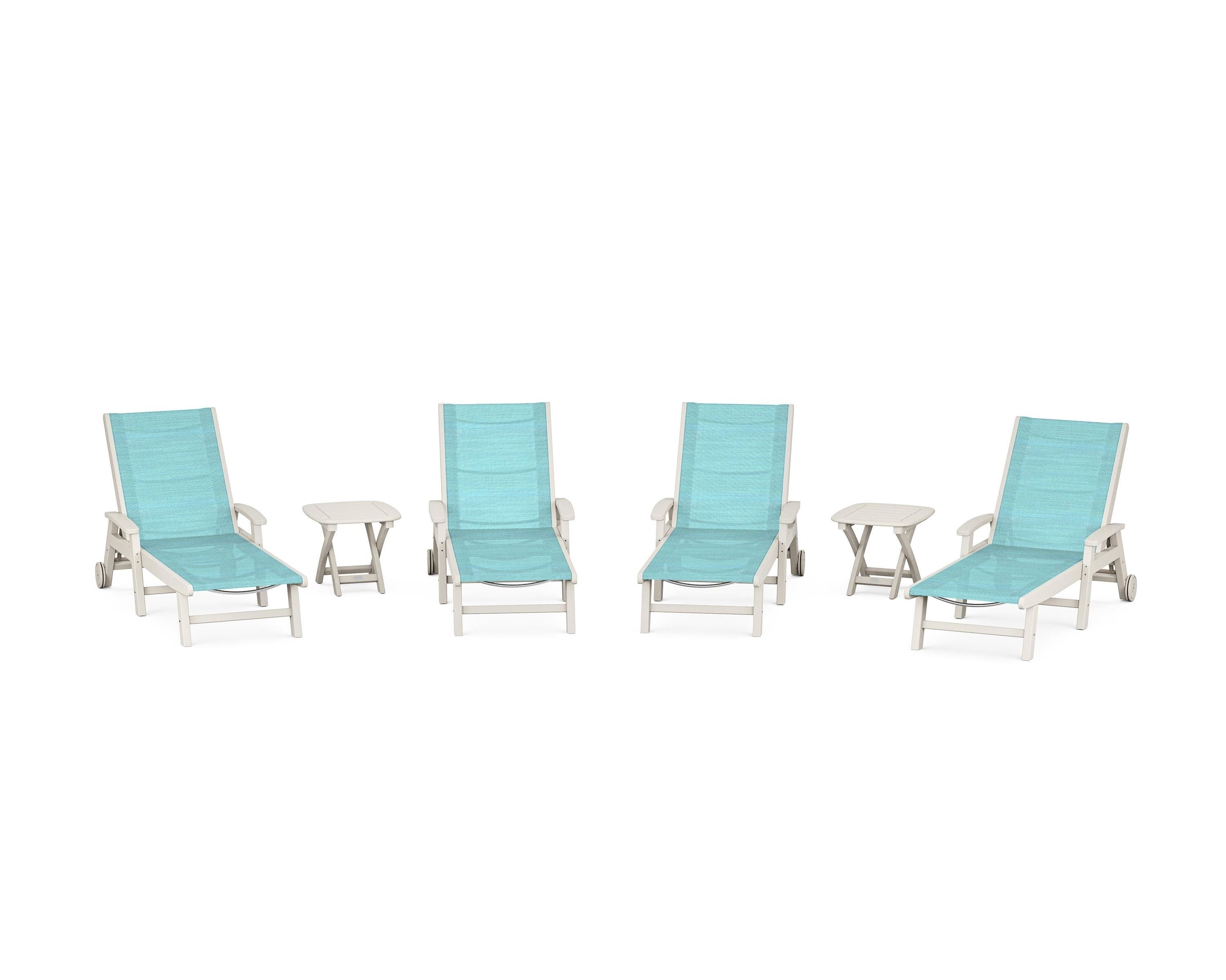 POLYWOOD Coastal Chaise 6-Piece Set with Wheels in Sand / Dupioni Aquamarine Sling