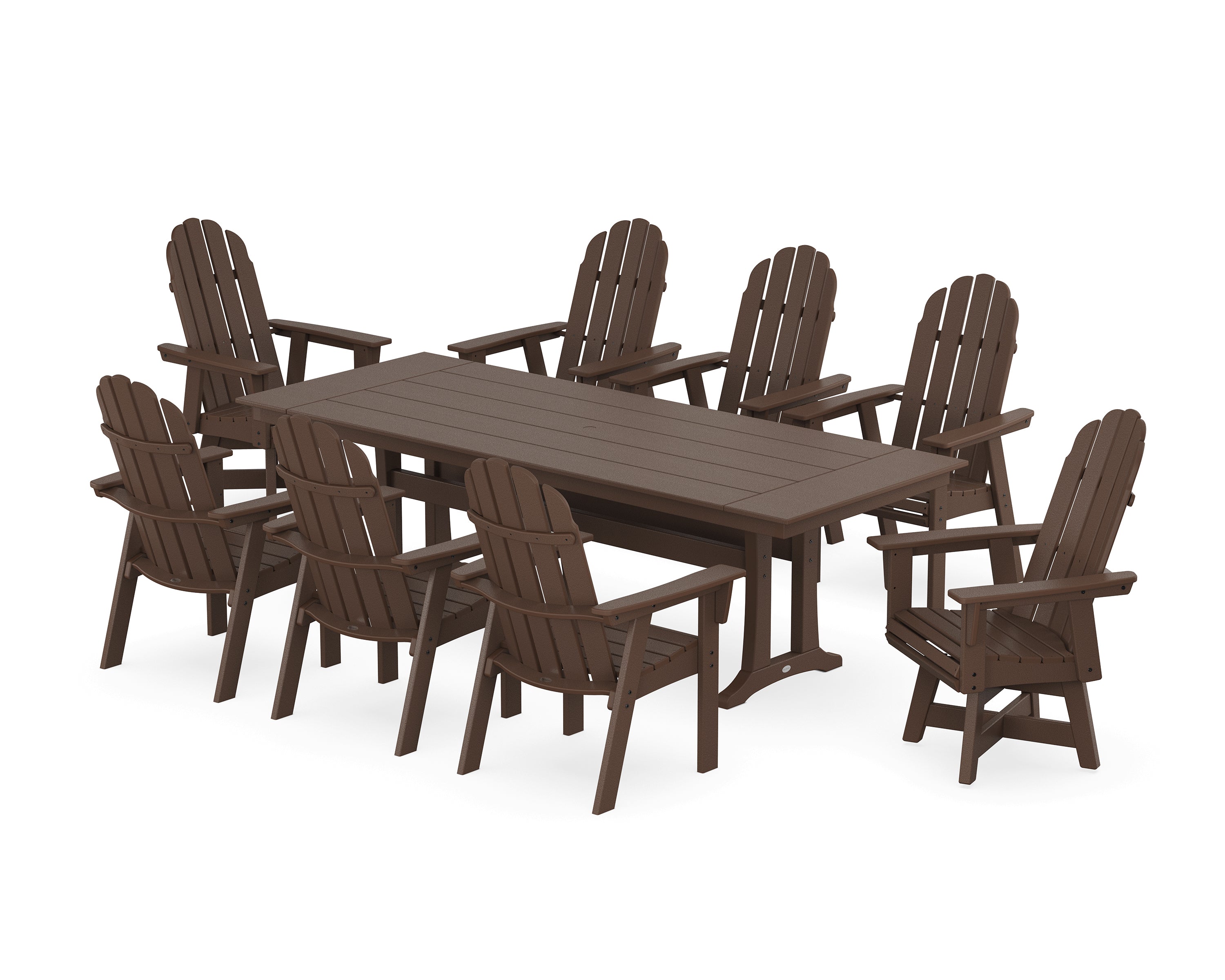 POLYWOOD® Vineyard 9-Piece Curveback Adirondack Swivel Farmhouse Dining Set with Trestle Legs in Mahogany