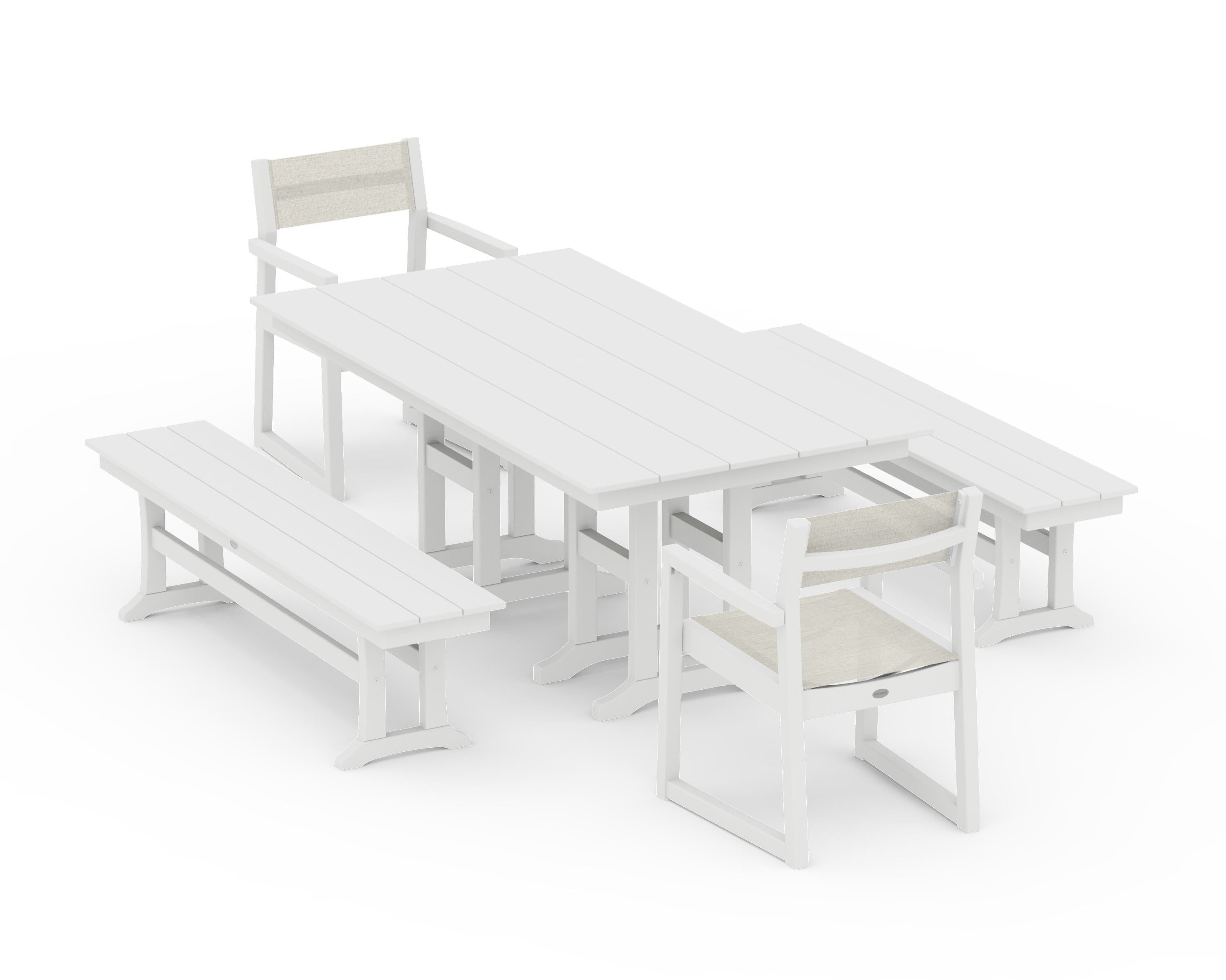 POLYWOOD EDGE Sling Arm Chair 5-Piece Farmhouse Dining Set with Benches in White / Parchment Sling