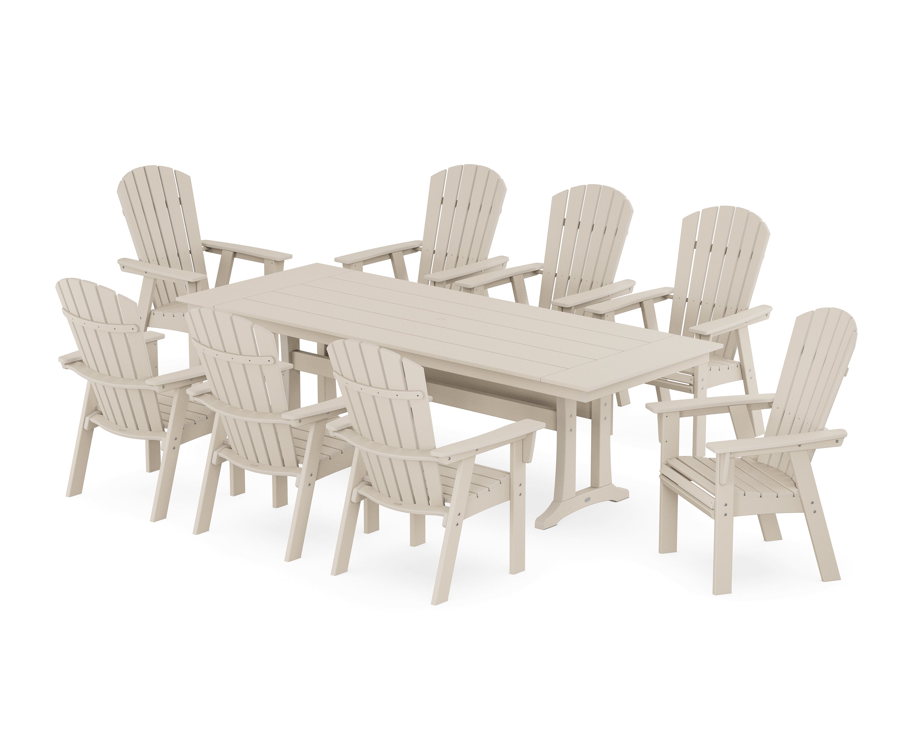 POLYWOOD® Nautical 9-Piece Curveback Adirondack Farmhouse Dining Set with Trestle Legs in Sand