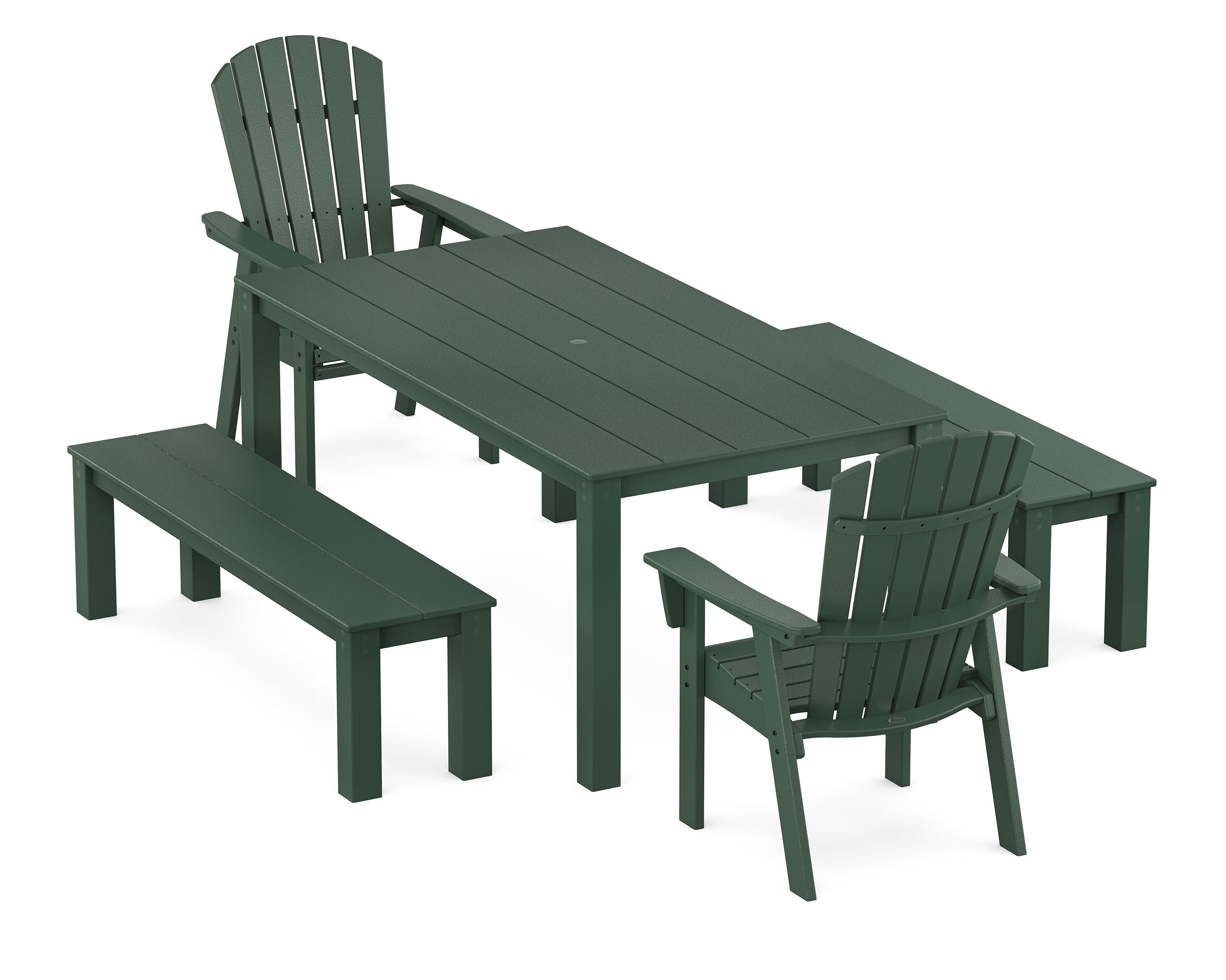POLYWOOD Nautical Curveback Adirondack 5-Piece Parsons Dining Set with Benches in Green