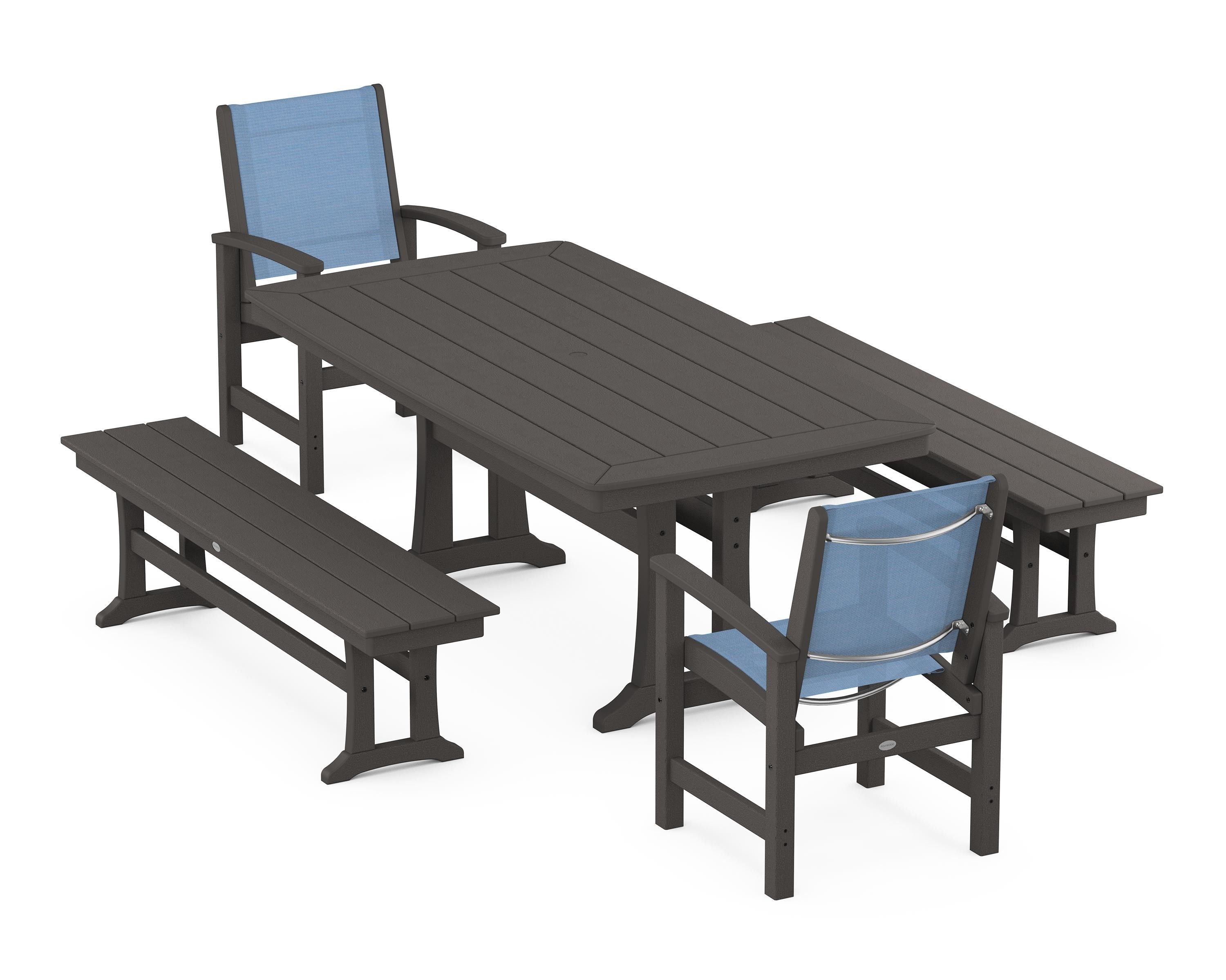 POLYWOOD Coastal 5-Piece Dining Set with Trestle Legs and Benches in Vintage Coffee / Poolside Sling