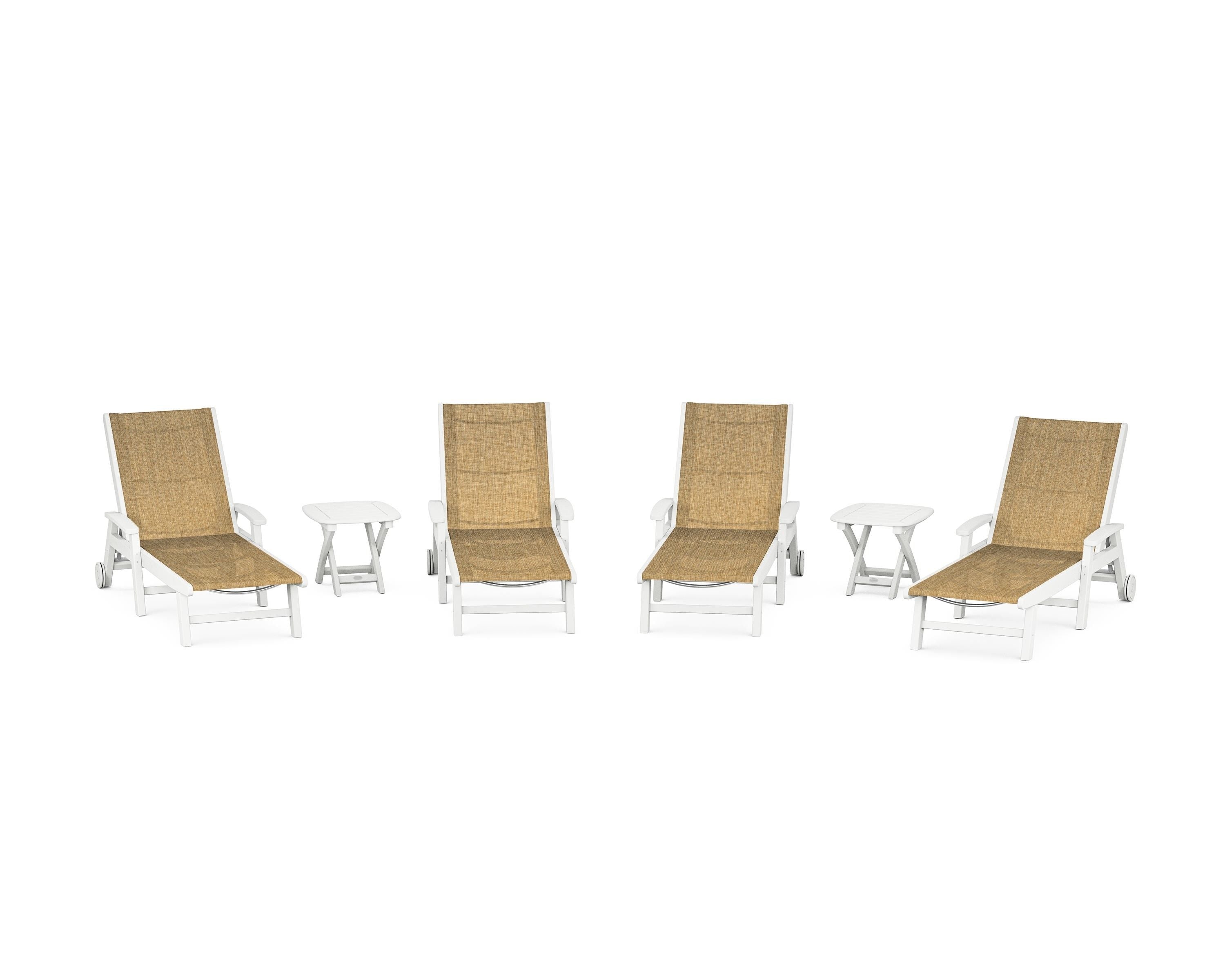 POLYWOOD Coastal Chaise 6-Piece Set with Wheels in White / Burlap Sling