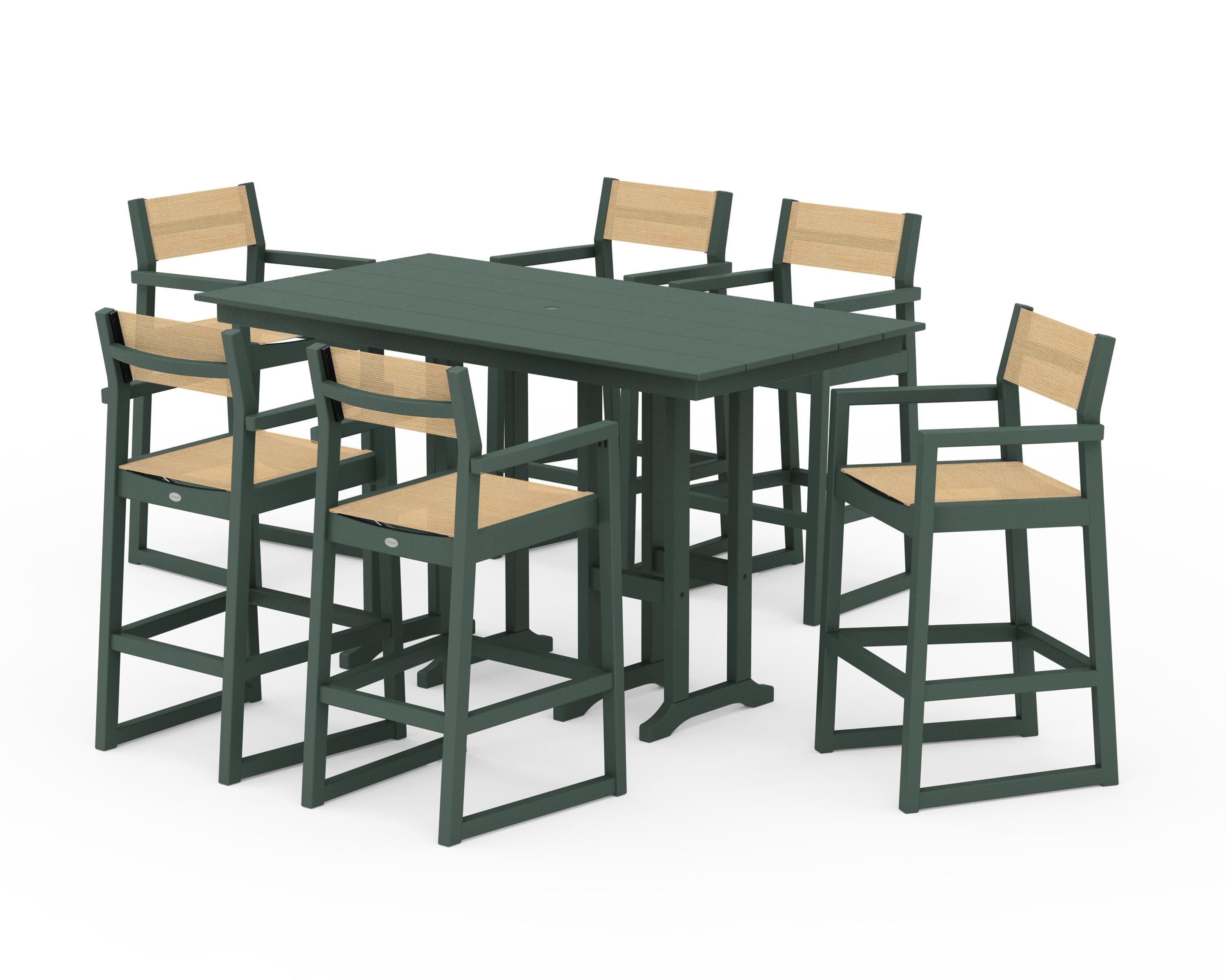 POLYWOOD EDGE Sling Arm Chair 7-Piece Farmhouse Bar Set in Green / Dupioni Apricot Sling