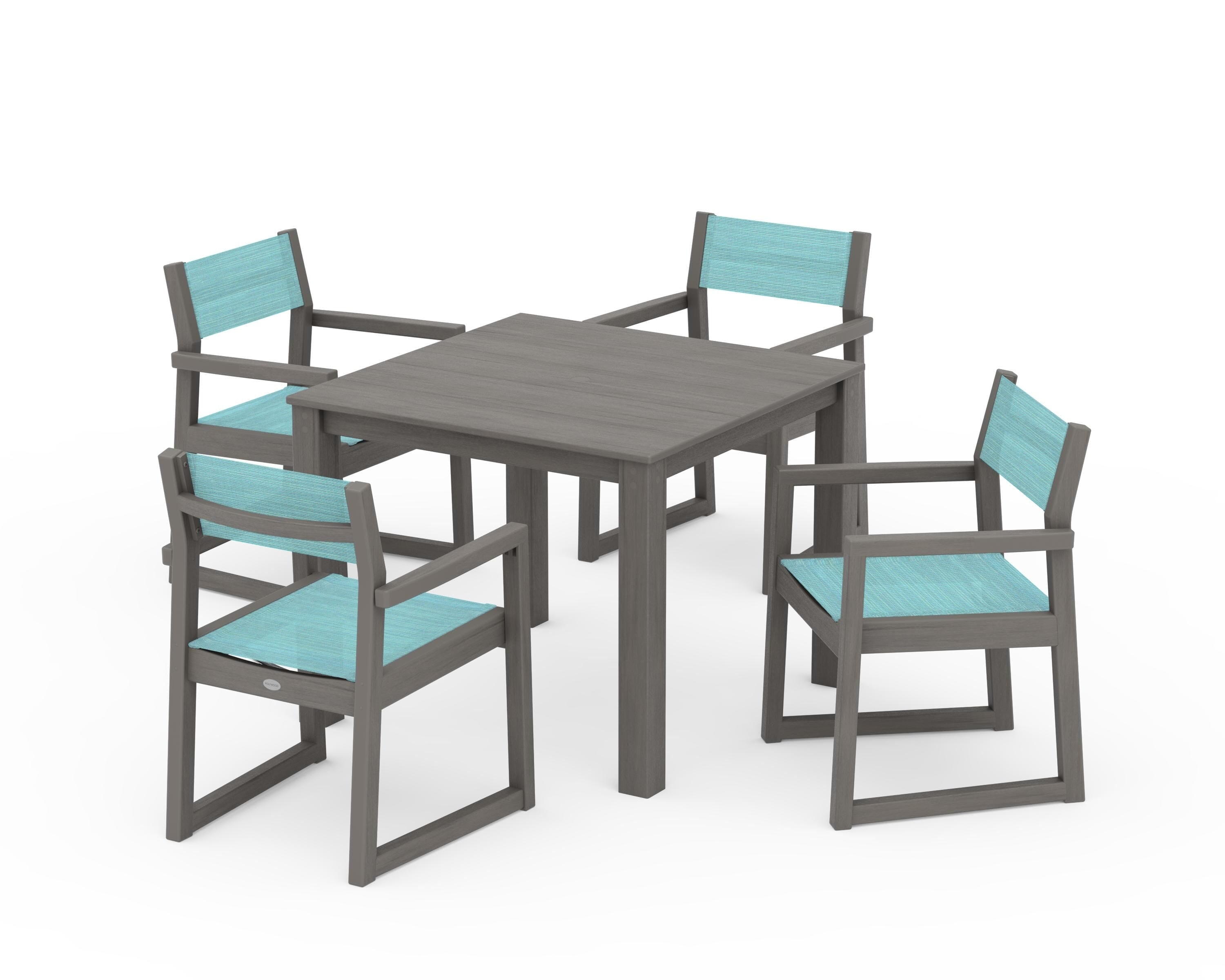POLYWOOD EDGE Sling Arm Chair 5-Piece Parsons Dining Set in Driftwood / Dupioni Aquamarine Sling