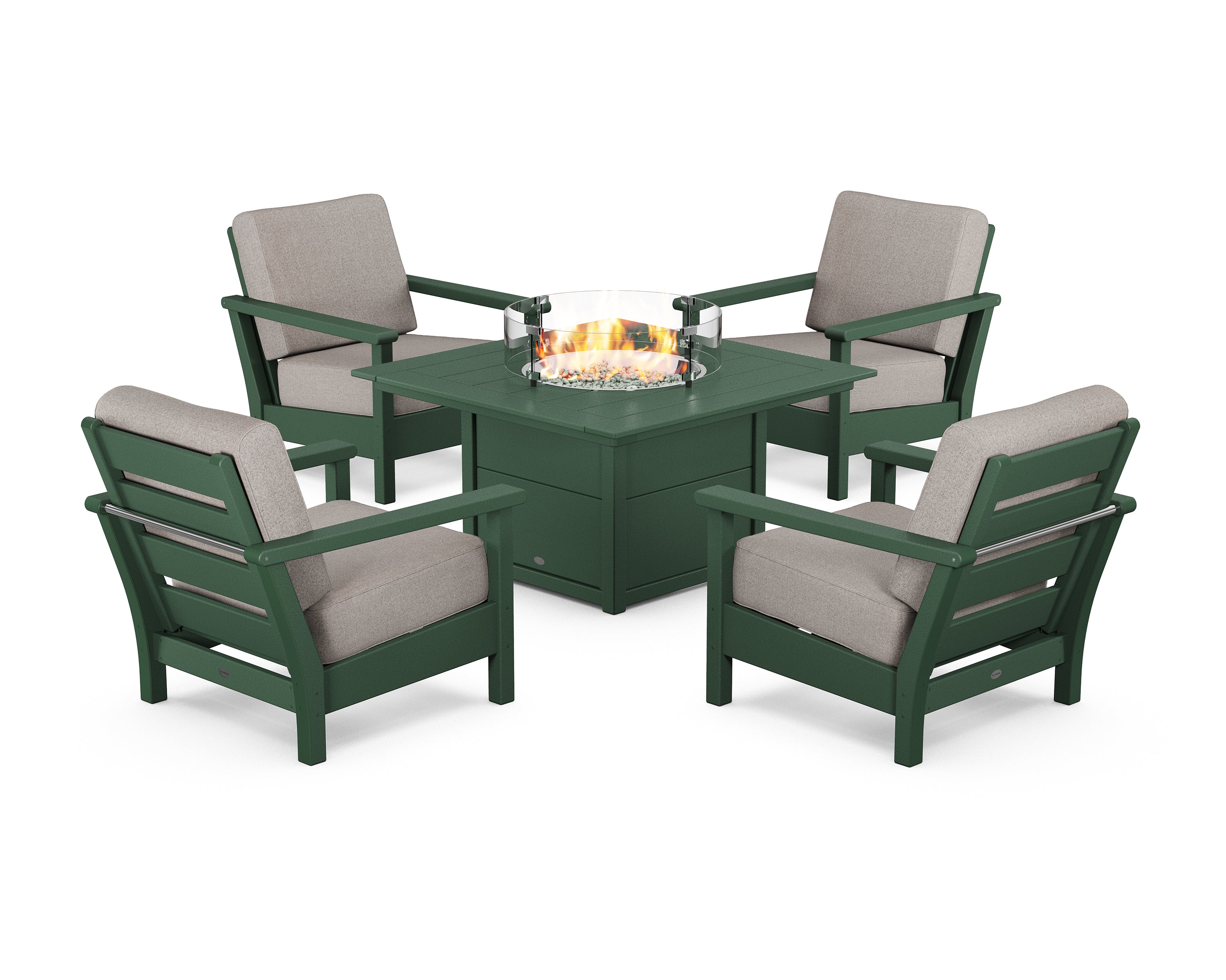 POLYWOOD Harbour 5-Piece Conversation Set with Fire Pit Table in Green / Weathered Tweed
