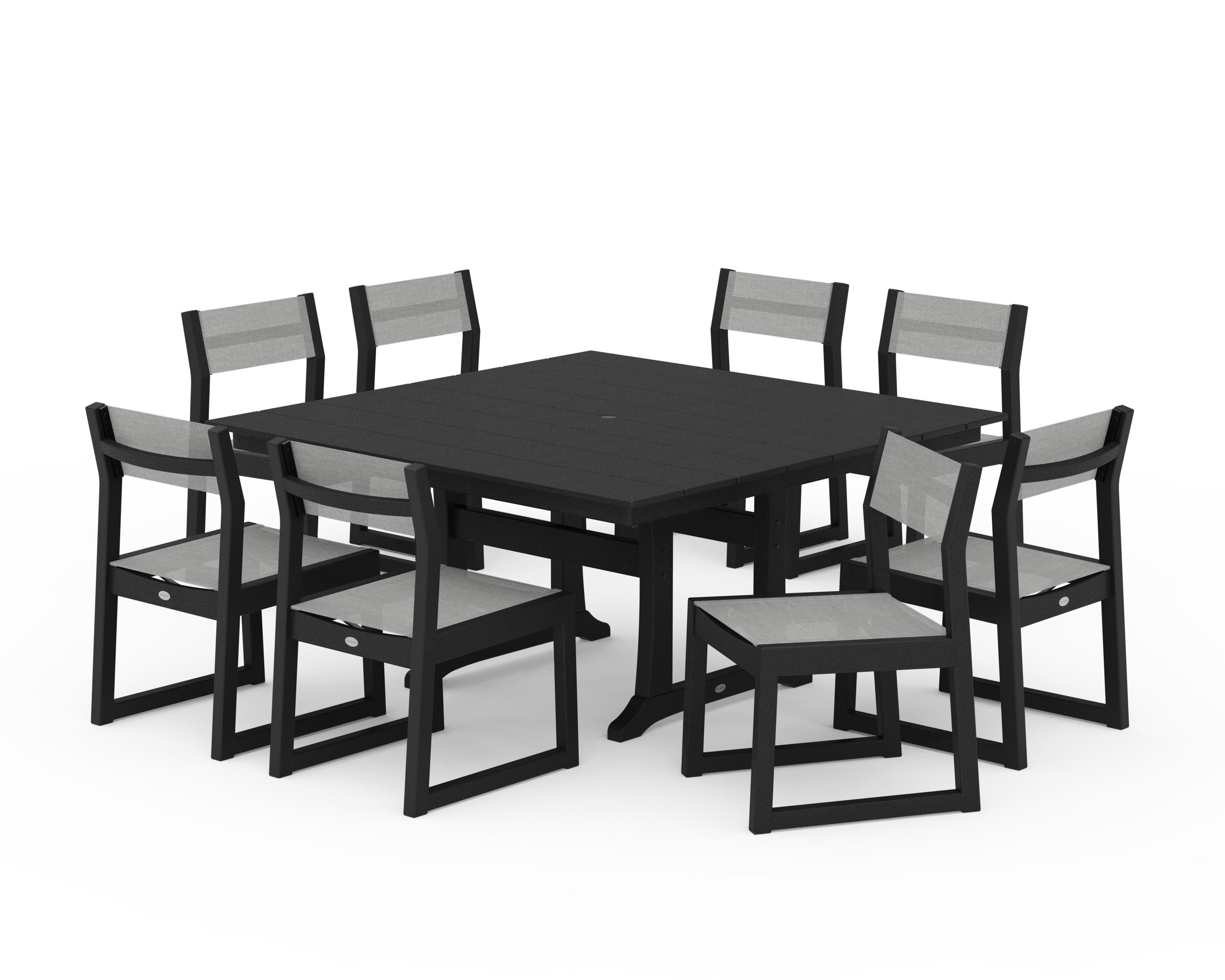 POLYWOOD EDGE Sling Side Chair 9-Piece Farmhouse Trestle Dining Set in Black / Metallic Sling