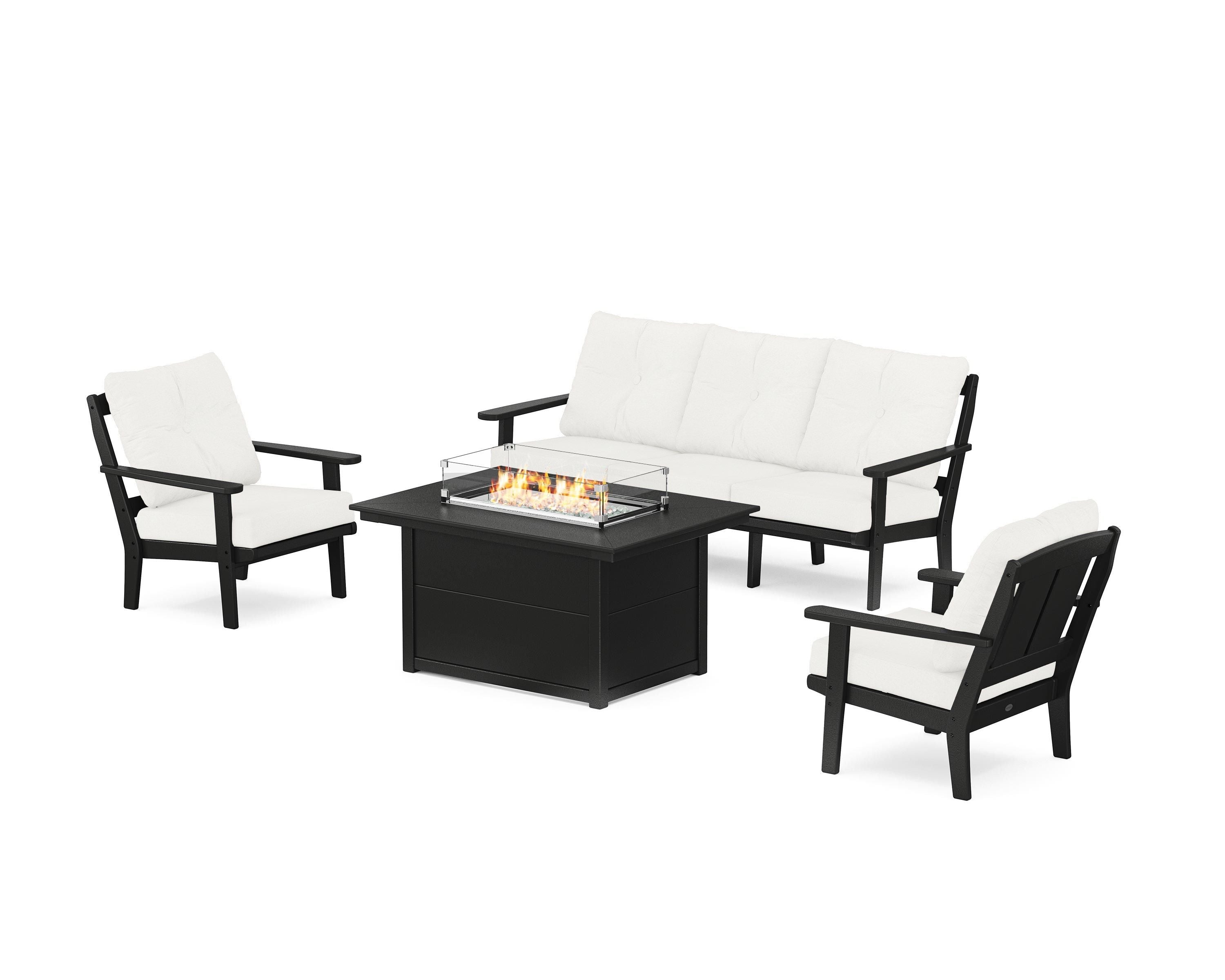 POLYWOOD Mission Deep Seating Fire Pit Table Set in Black / Natural Linen