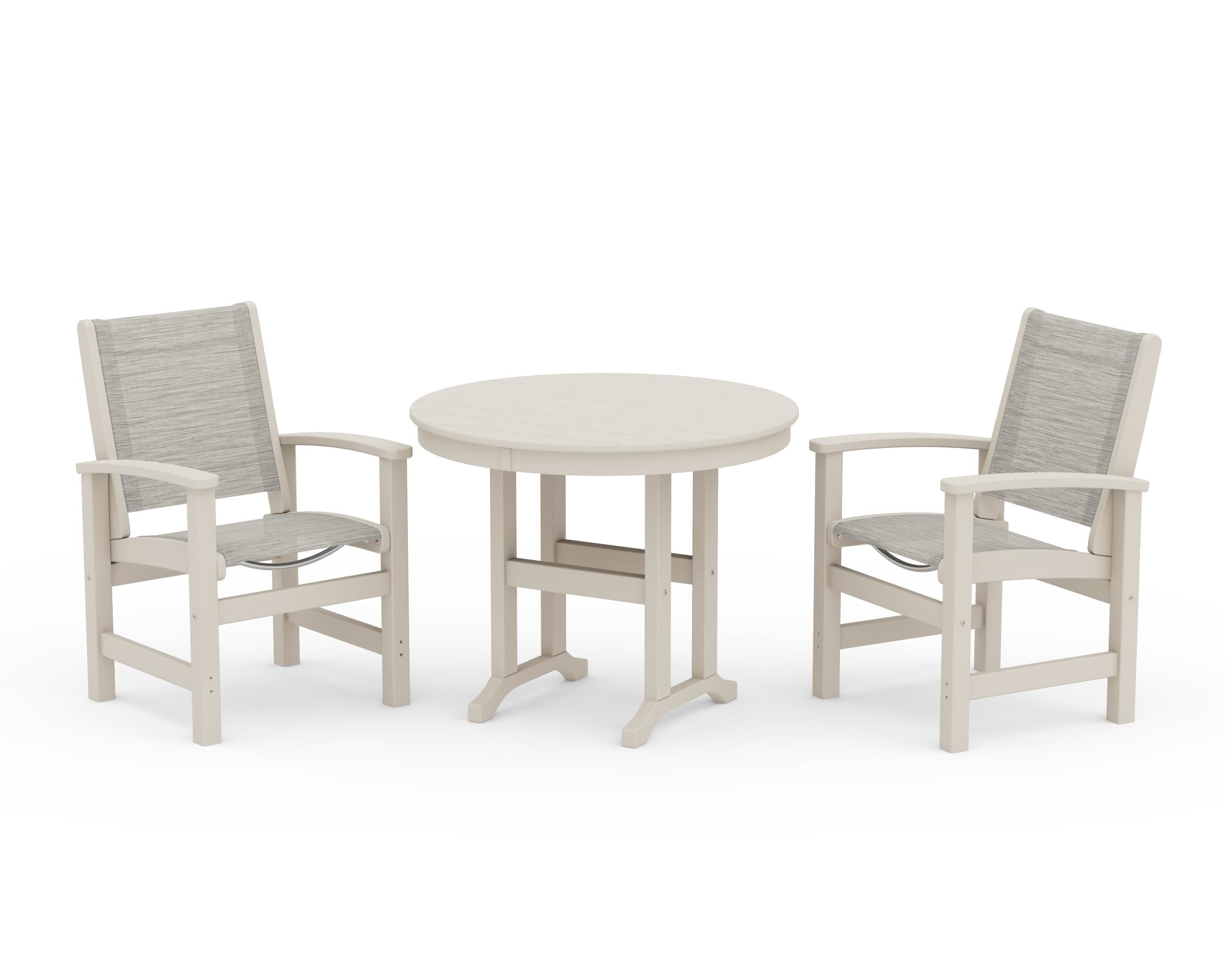 POLYWOOD Coastal 3-Piece Round Dining Set in Sand / Birch Sling
