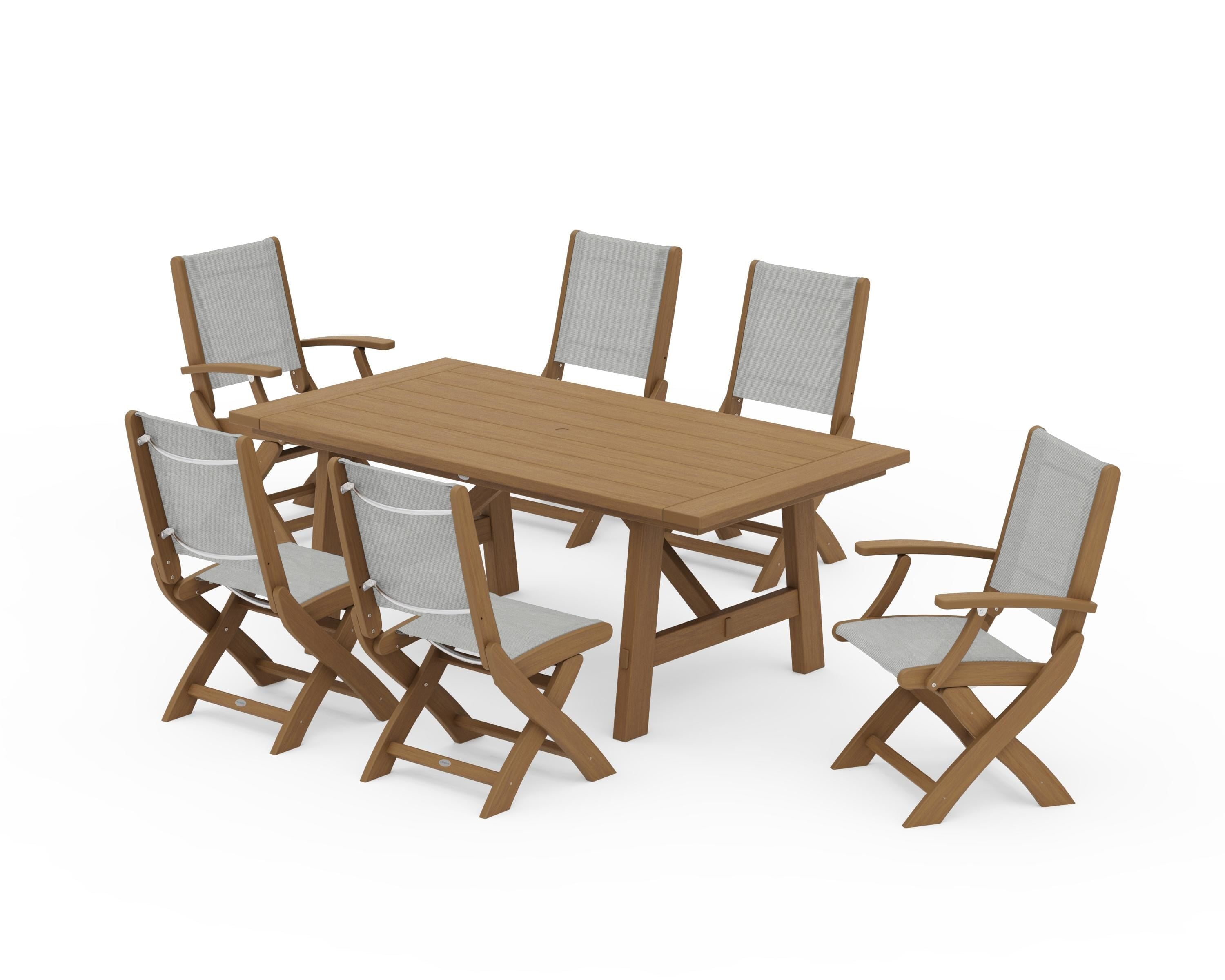 POLYWOOD Coastal Folding Chair 7-Piece Rustic Farmhouse Dining Set in Natural / Metallic Sling