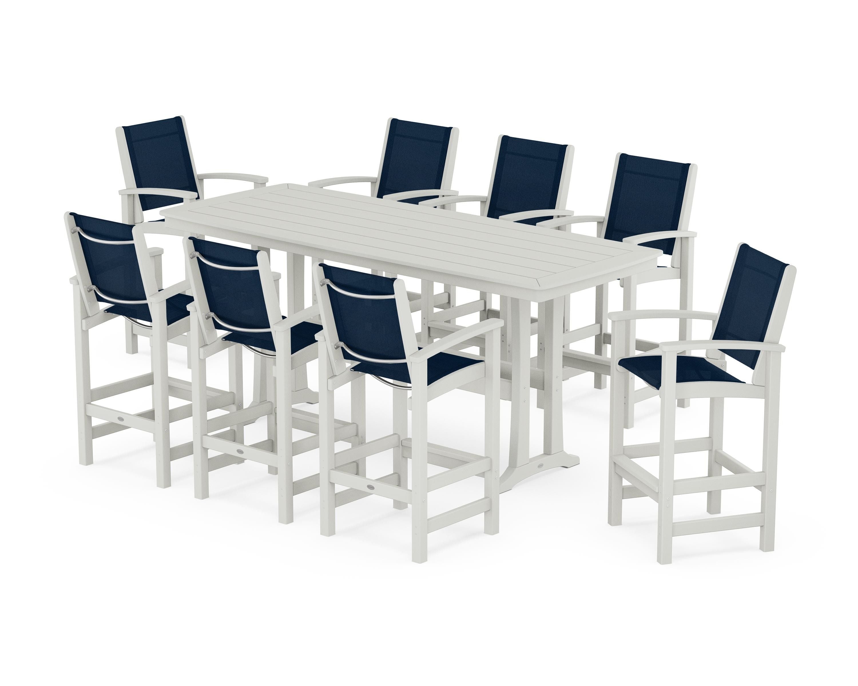 POLYWOOD Coastal 9-Piece Bar Set with Trestle Legs in Vintage White / Navy Blue Sling