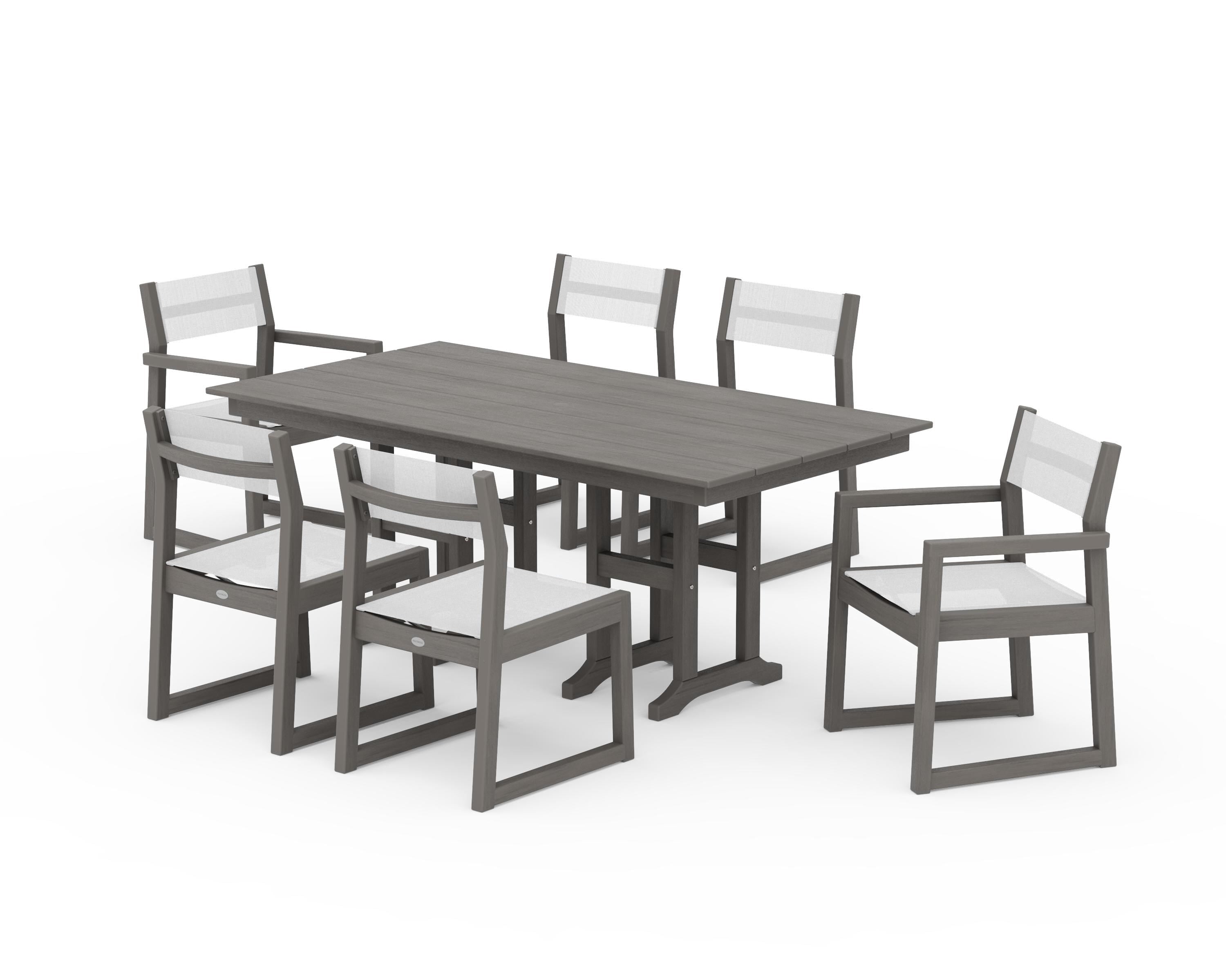 POLYWOOD EDGE Sling 7-Piece Farmhouse Dining Set in Driftwood / White Sling
