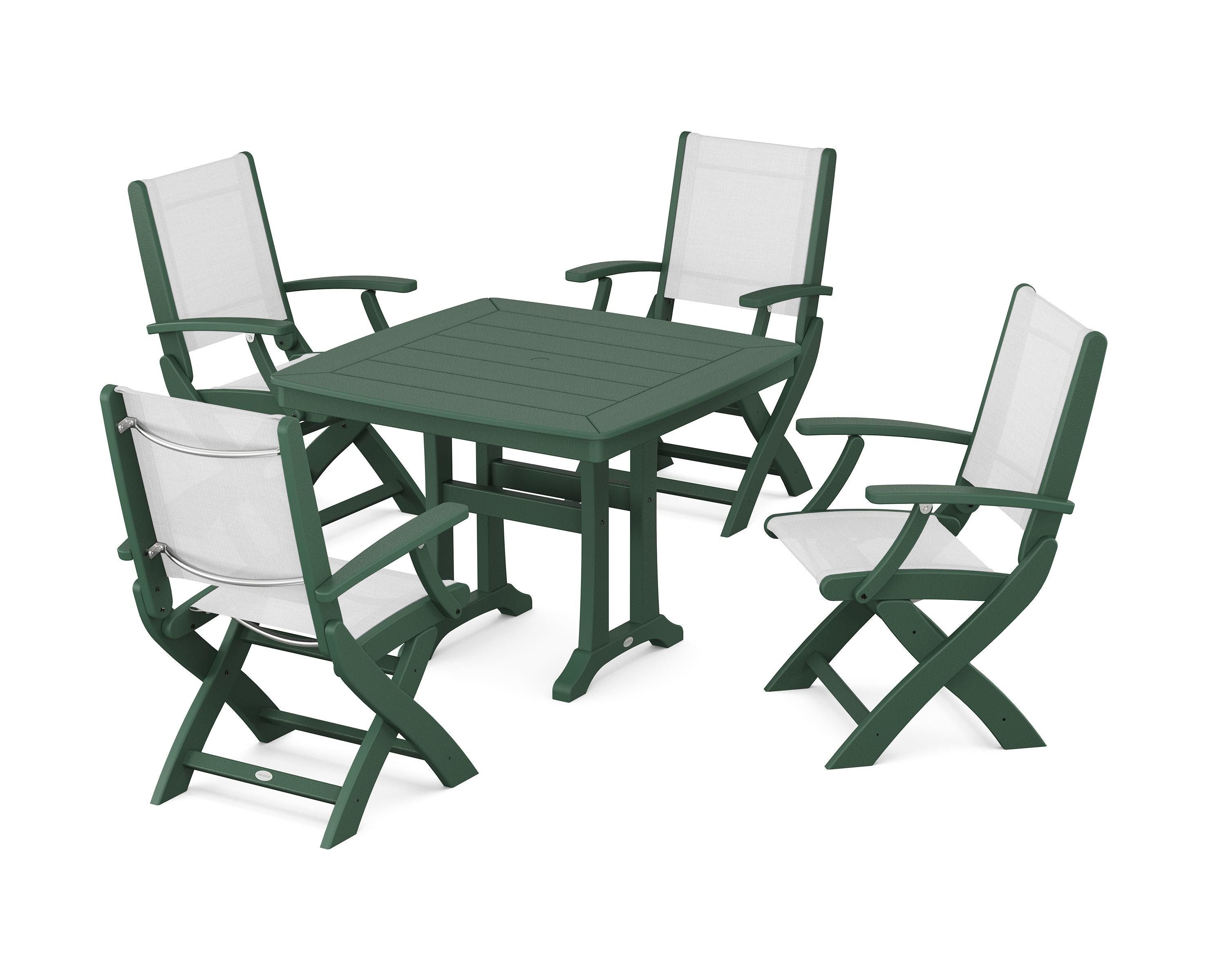 POLYWOOD Coastal Folding Chair 5-Piece Dining Set with Trestle Legs in Green / White Sling