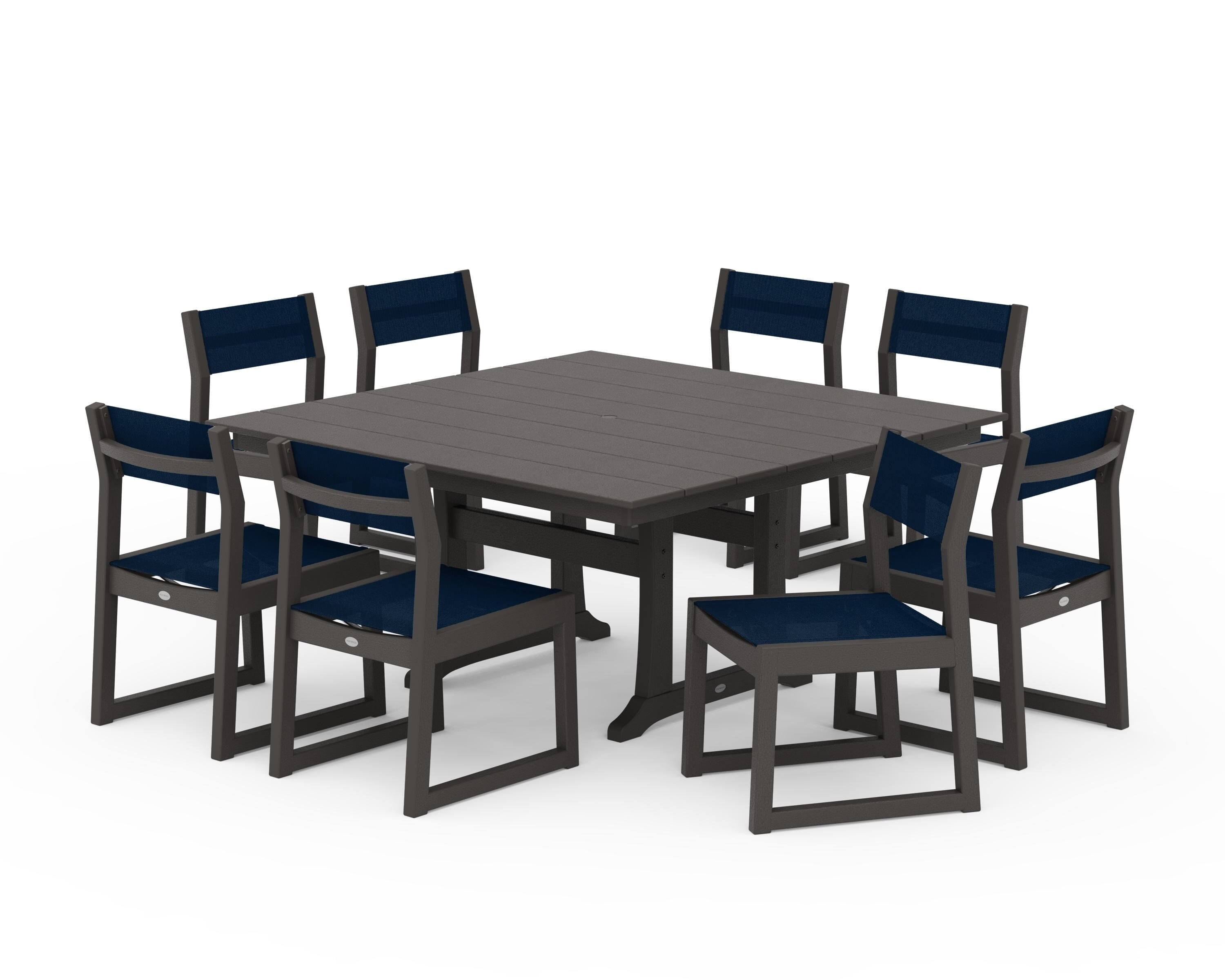 POLYWOOD EDGE Sling Side Chair 9-Piece Farmhouse Trestle Dining Set in Vintage Coffee / Navy Blue Sling