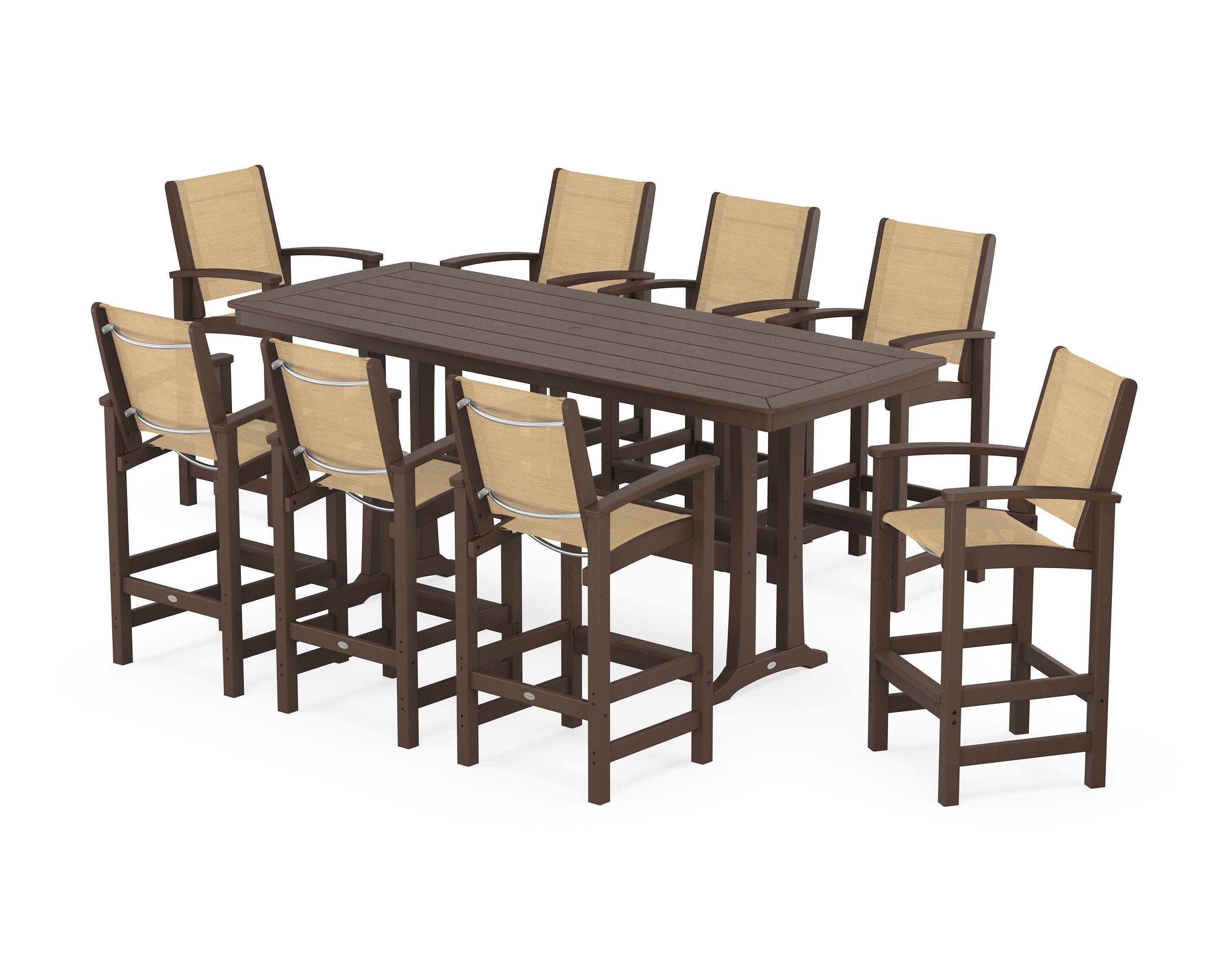 POLYWOOD Coastal 9-Piece Bar Set with Trestle Legs in Mahogany / Dupioni Apricot Sling