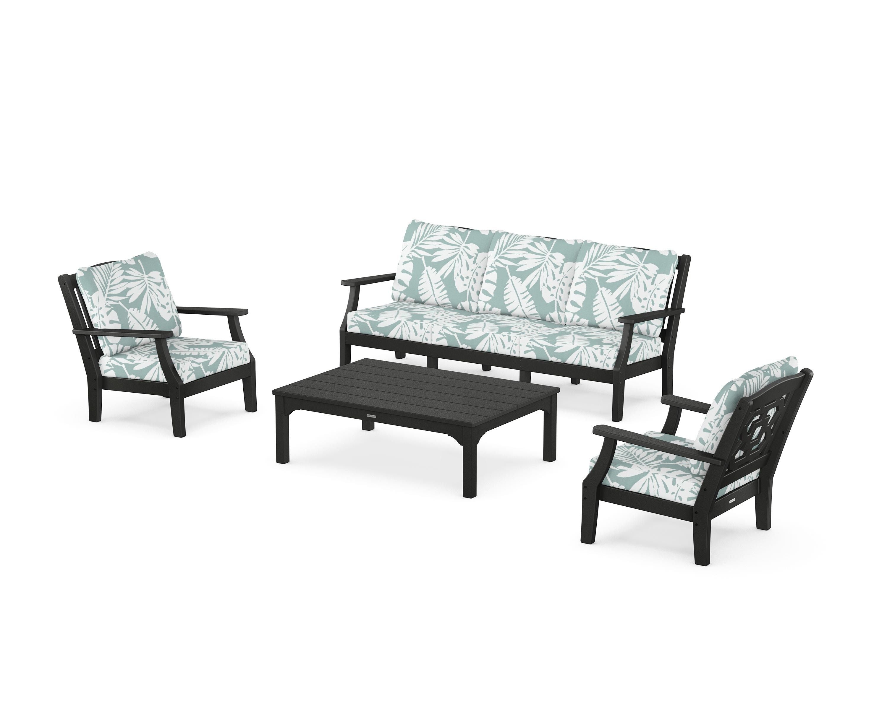 Martha Stewart by POLYWOOD Chinoiserie 4-Piece Deep Seating Set with Sofa in Black / Leaf Glacier Spa
