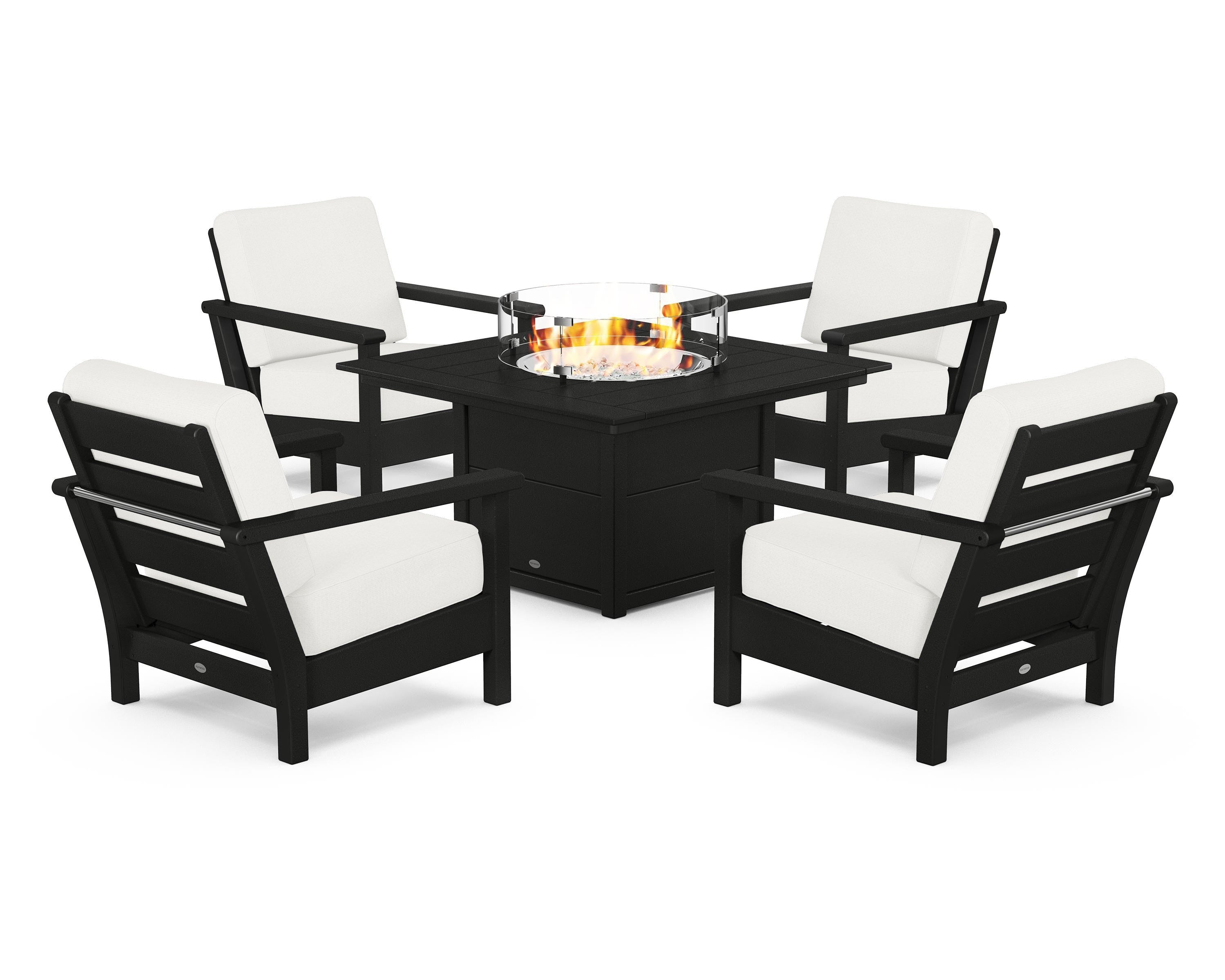 POLYWOOD Harbour 5-Piece Conversation Set with Fire Pit Table in Black / Natural Linen