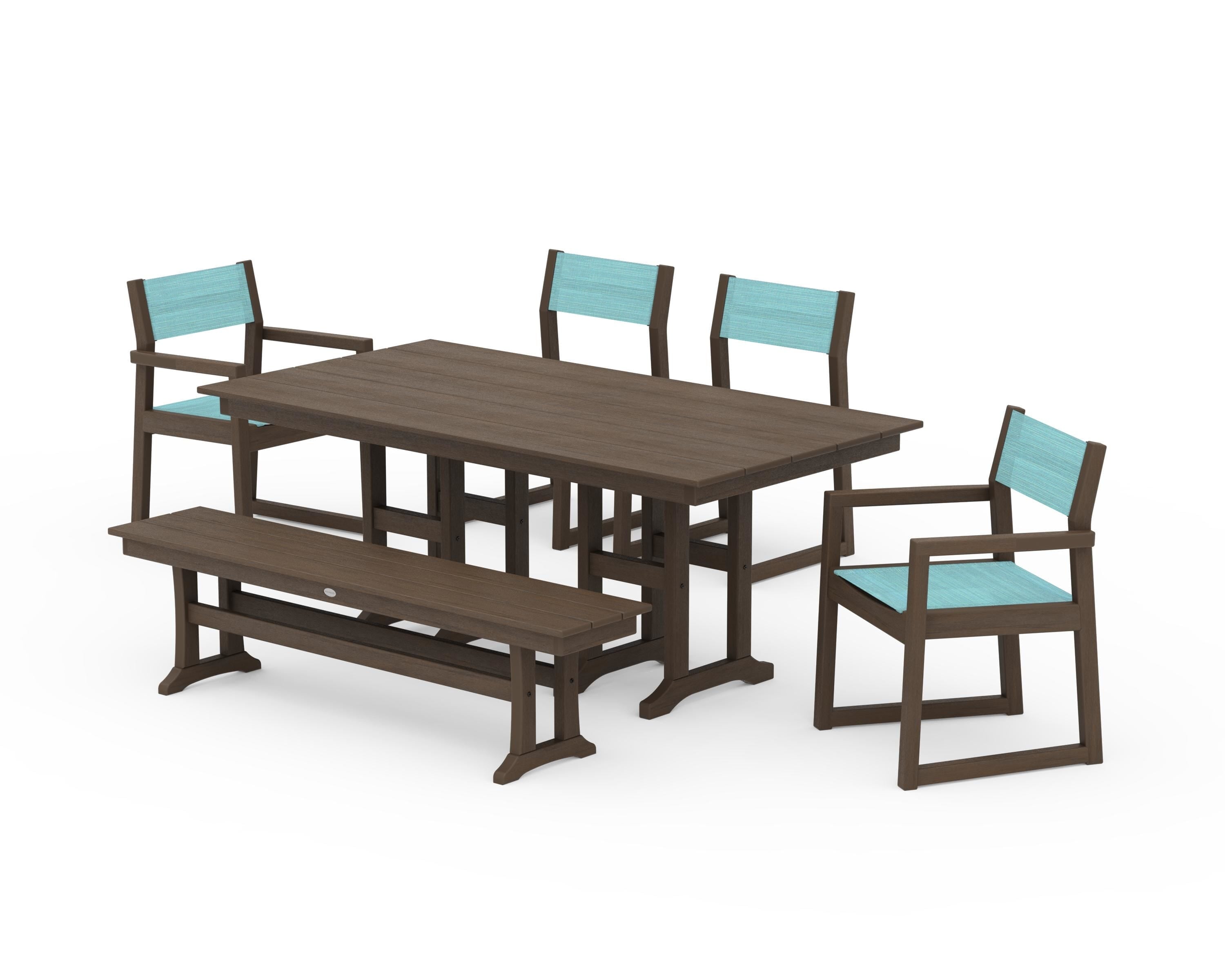 POLYWOOD EDGE Sling 6-Piece Farmhouse Dining Set in Kona / Dupioni Aquamarine Sling