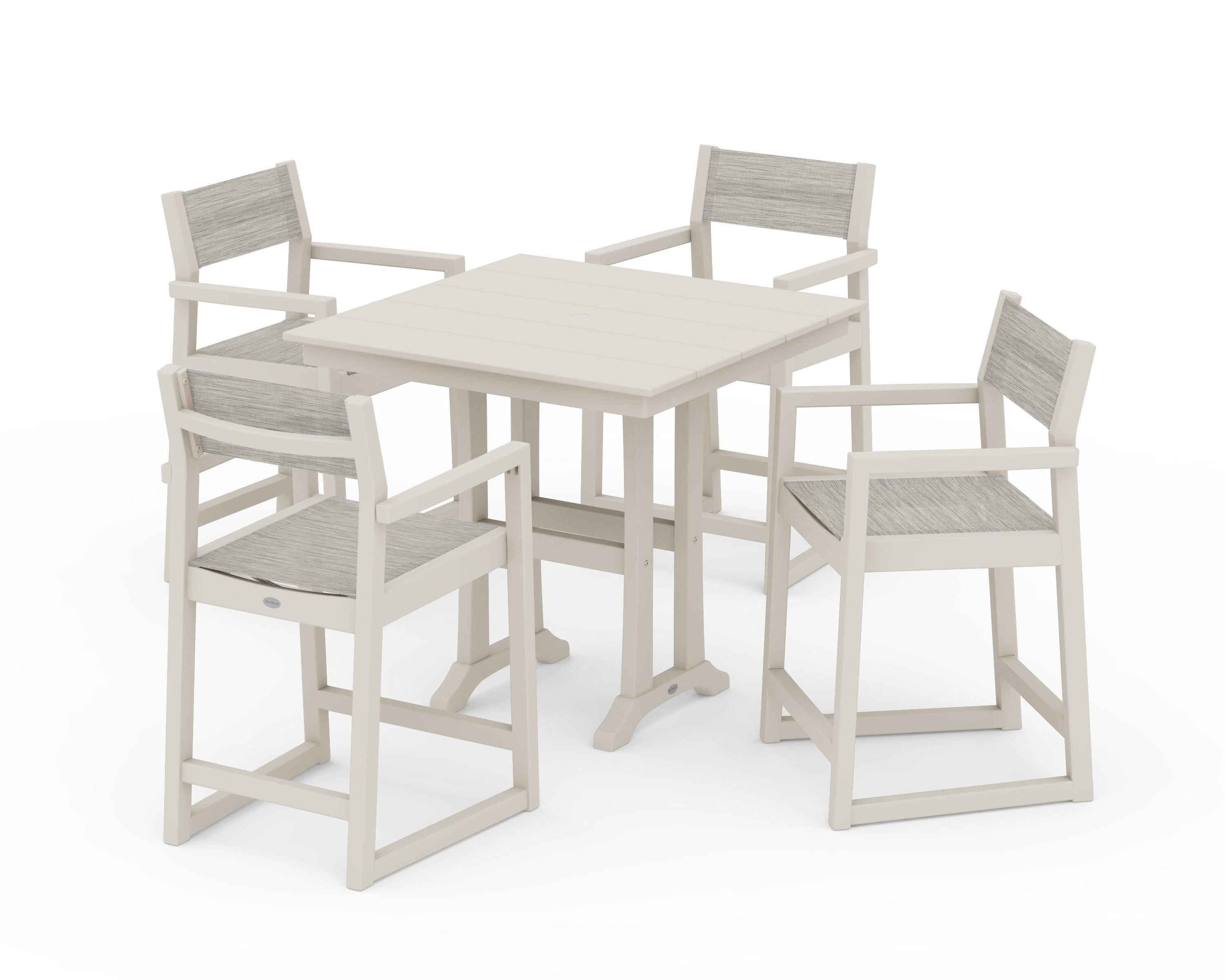 POLYWOOD EDGE Sling Arm Chair 5-Piece Farmhouse Counter Set with Trestle Legs in Sand / Birch Sling