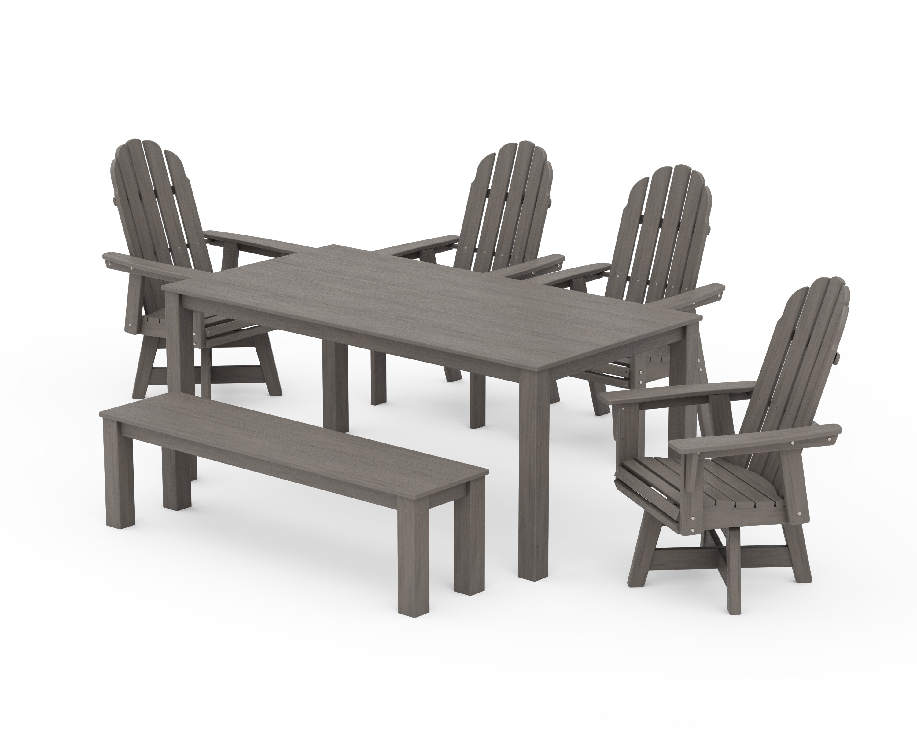 POLYWOOD Vineyard Curveback Adirondack 6-Piece Parsons Swivel Dining Set with Bench in Driftwood