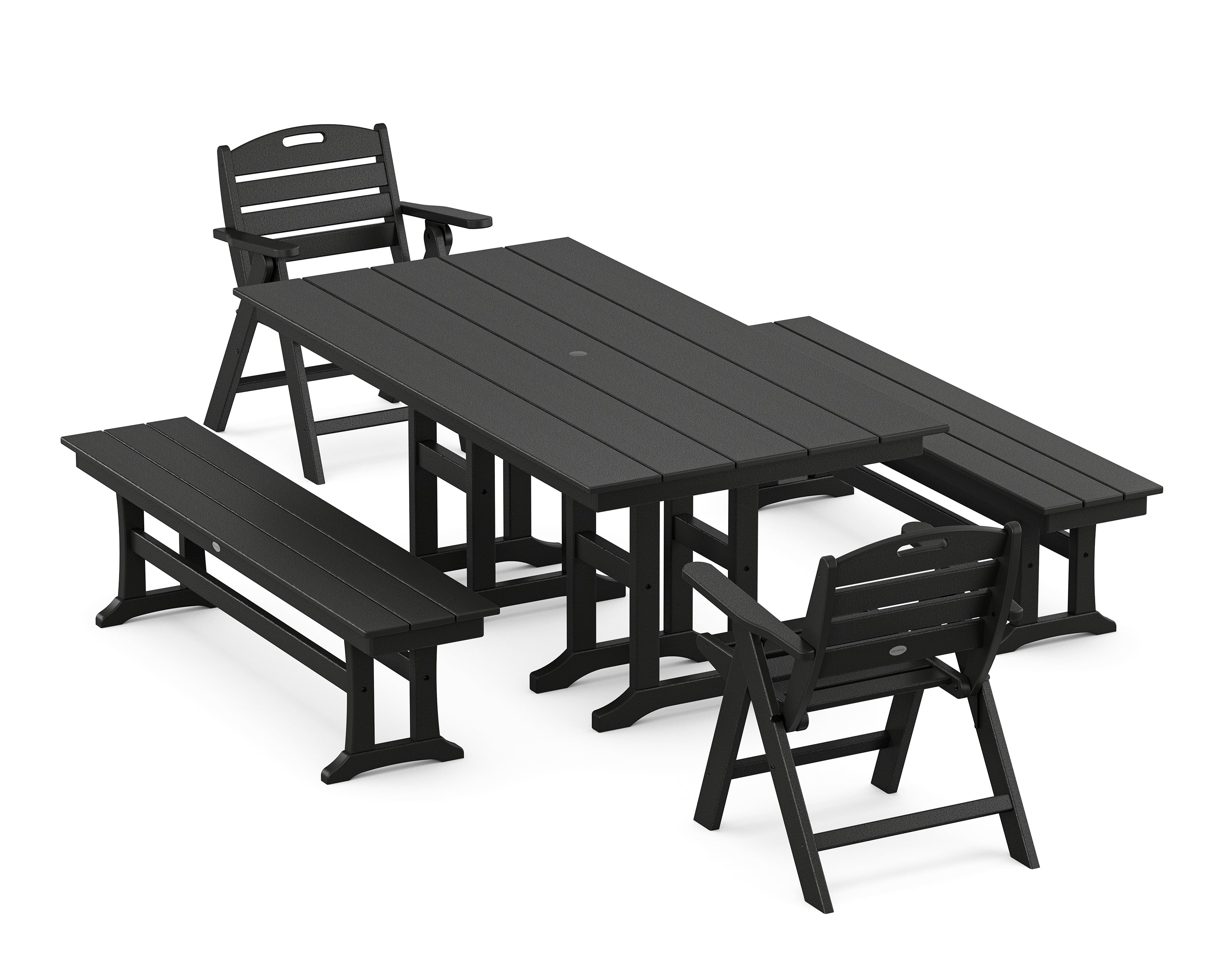 POLYWOOD Nautical Lowback 5-Piece Farmhouse Dining Set with Benches in Black