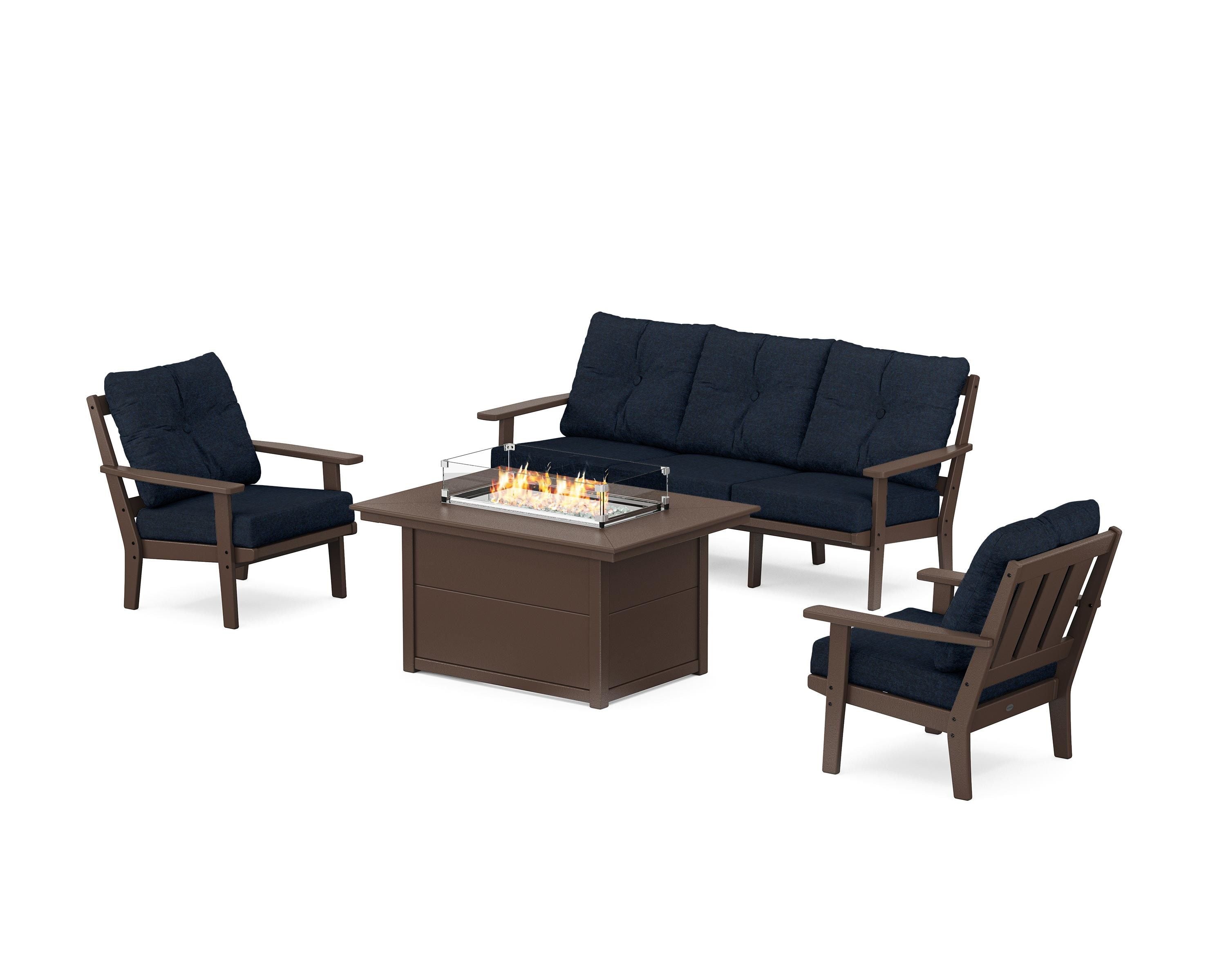 POLYWOOD Oxford Deep Seating Fire Pit Table Set in Mahogany / Marine Indigo