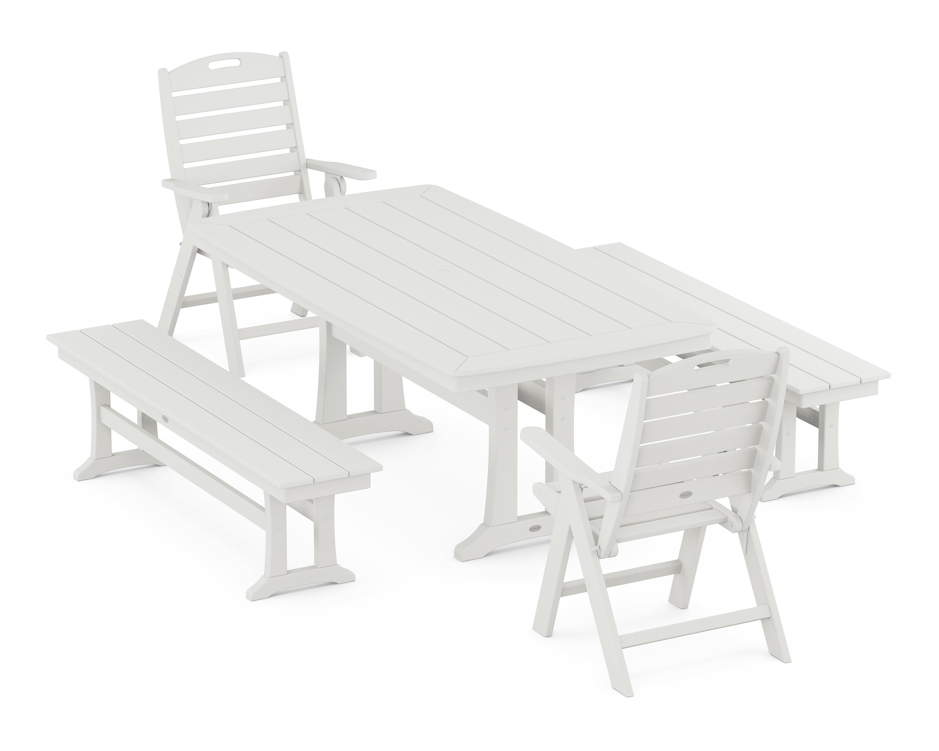 POLYWOOD® Nautical Folding Highback Chair 5-Piece Dining Set with Trestle Legs and Benches in Vintage White