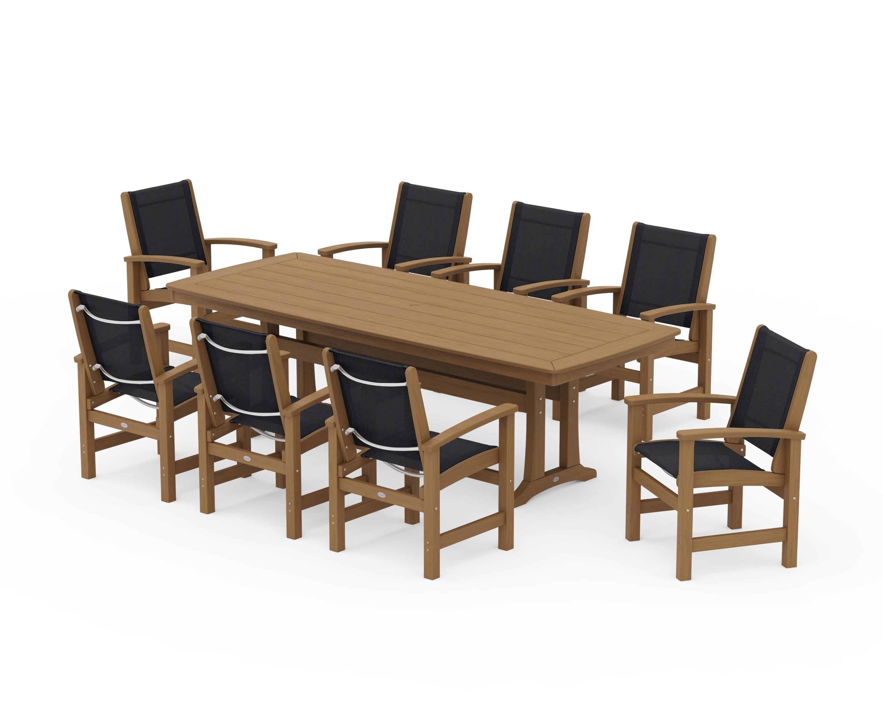 POLYWOOD Coastal 9-Piece Dining Set with Trestle Legs in Natural / Black Sling