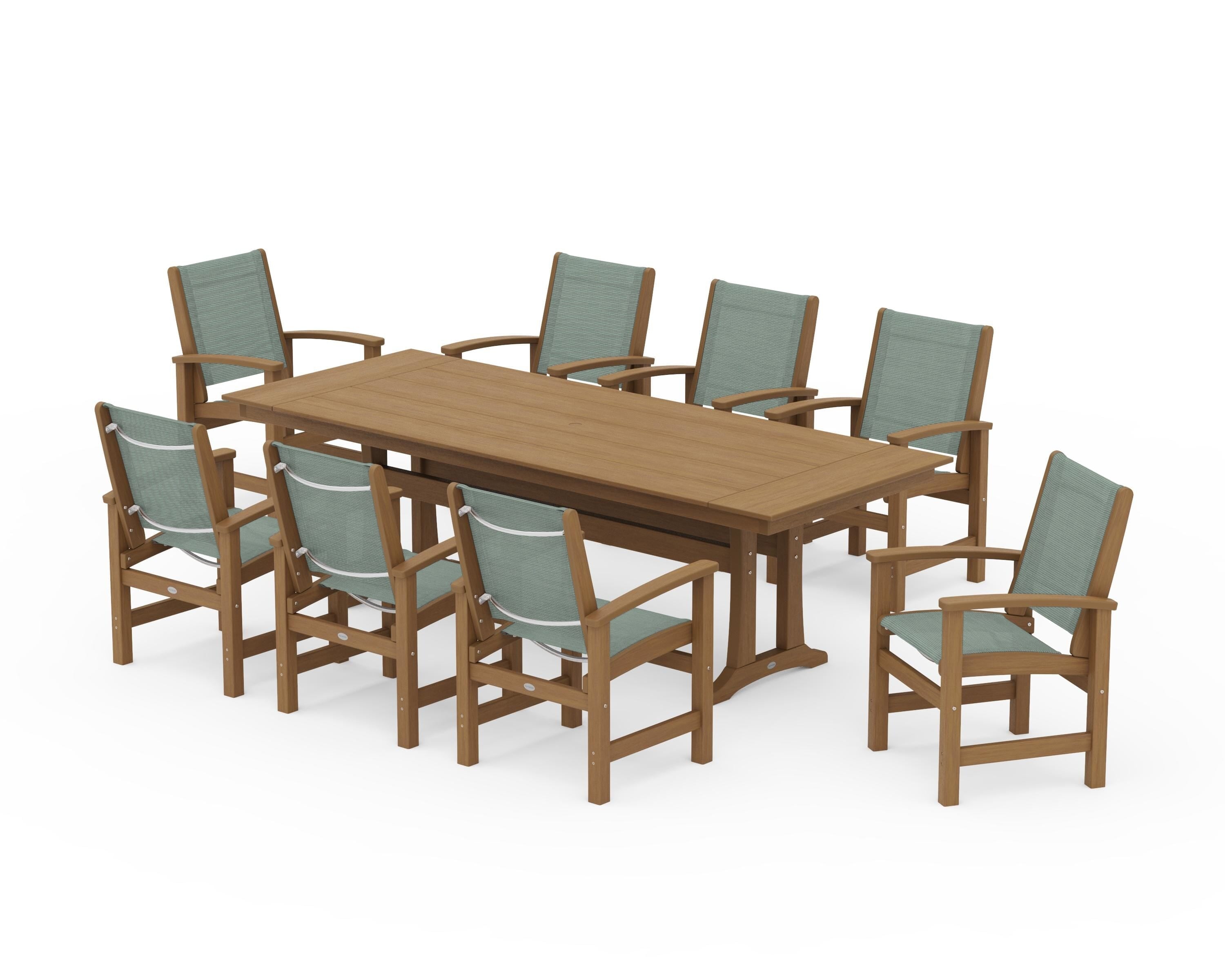 POLYWOOD Coastal 9-Piece Farmhouse Dining Set with Trestle Legs in Natural / Dupioni Sea Mist Sling